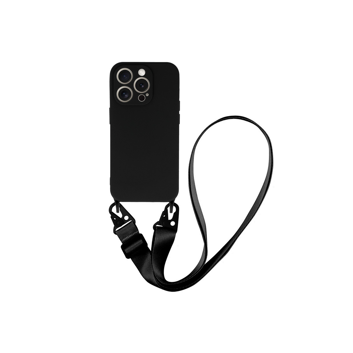 Custodia nera per telefono con cinturino, telefono con tre lenti, su bianco.