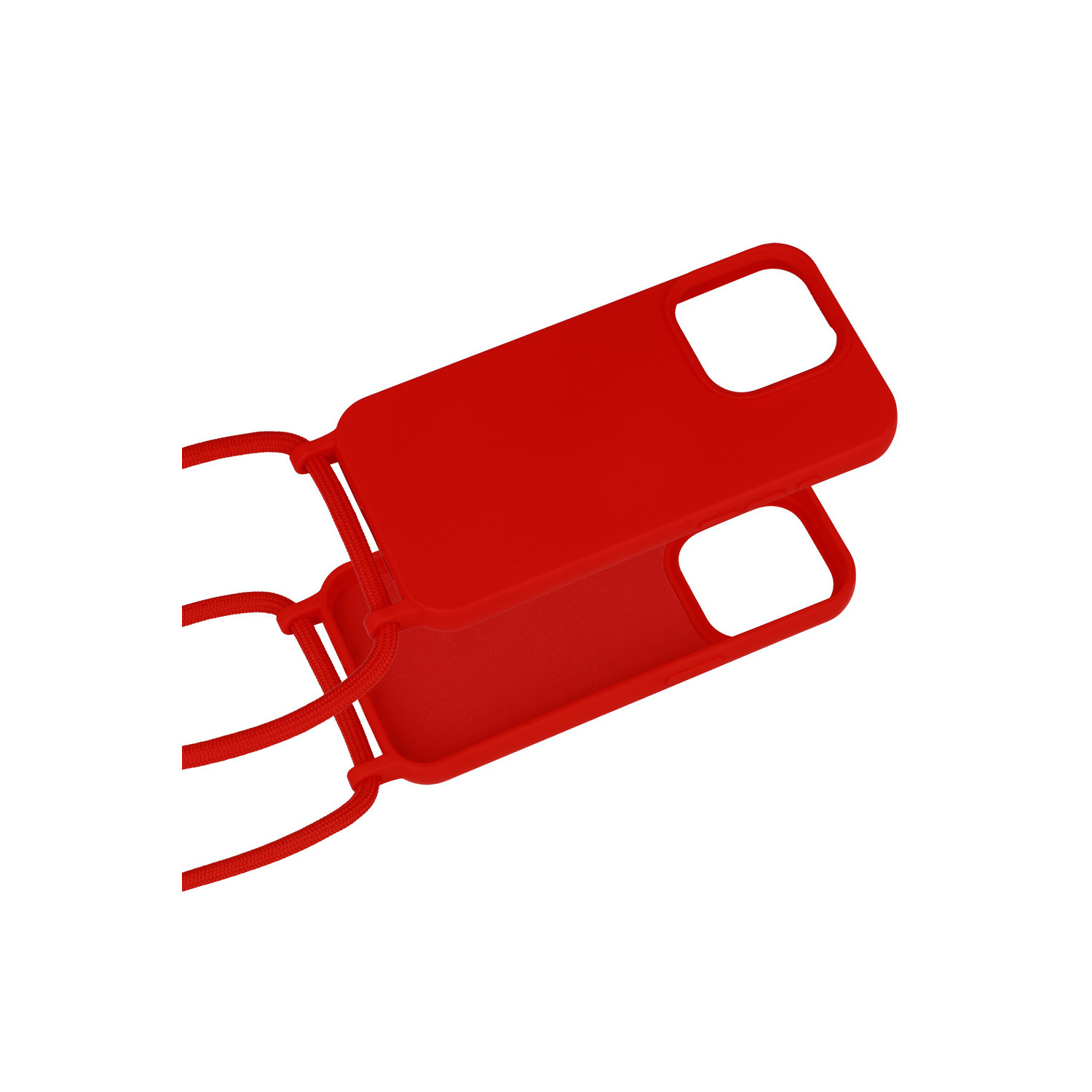 Custodia per telefono rossa con cordino. Ha due fori per il cordino.