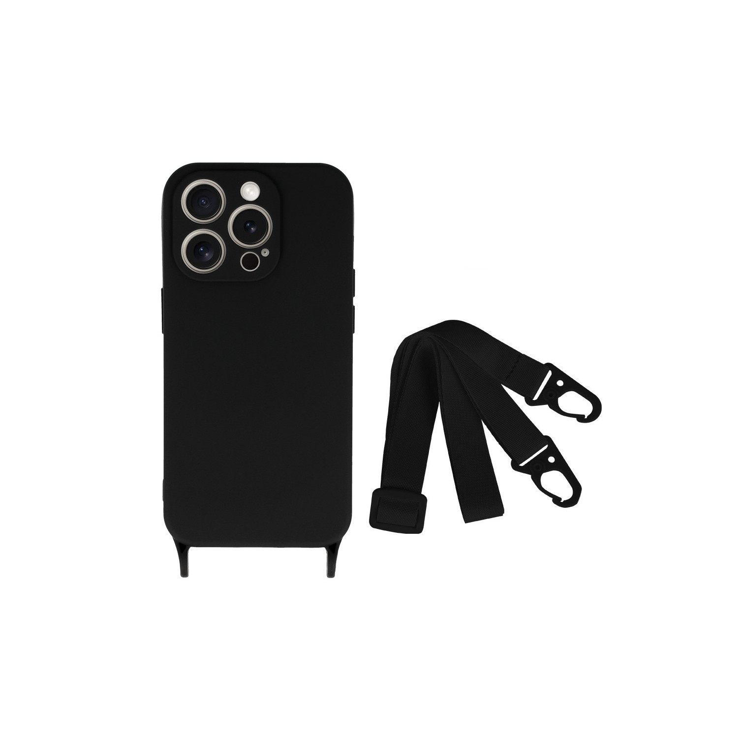 Custodia per telefono nera con cinturino attaccato. La custodia ha fori per la fotocamera. Cinturino con due clip.
