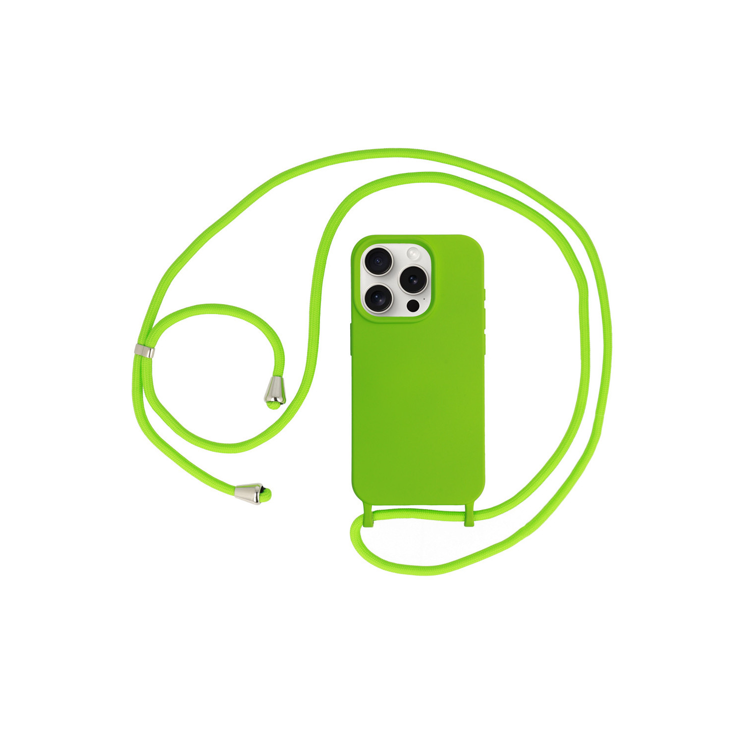 Custodia verde per telefono con cordino verde, la custodia ha tre fotocamere, sfondo bianco.