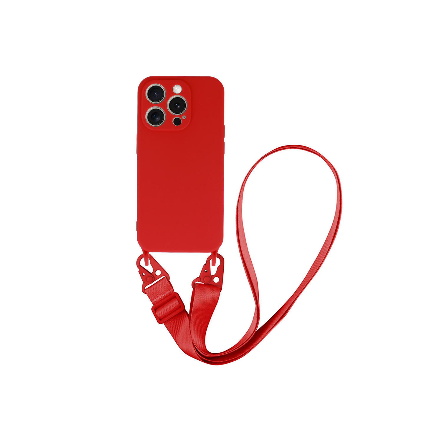 Una custodia per telefono rossa con un cinturino rosso abbinato, appeso, su sfondo bianco.