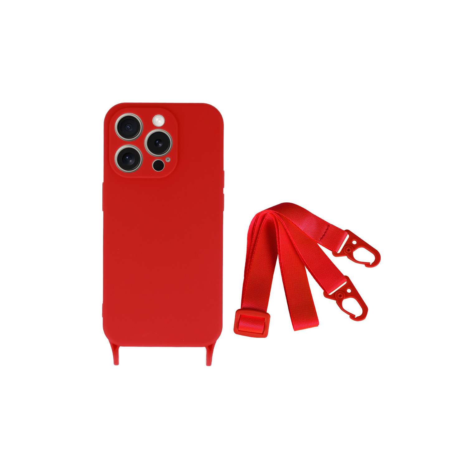 Custodia per telefono rossa con cinturino rosso. Il cinturino ha due ganci per l'attacco.