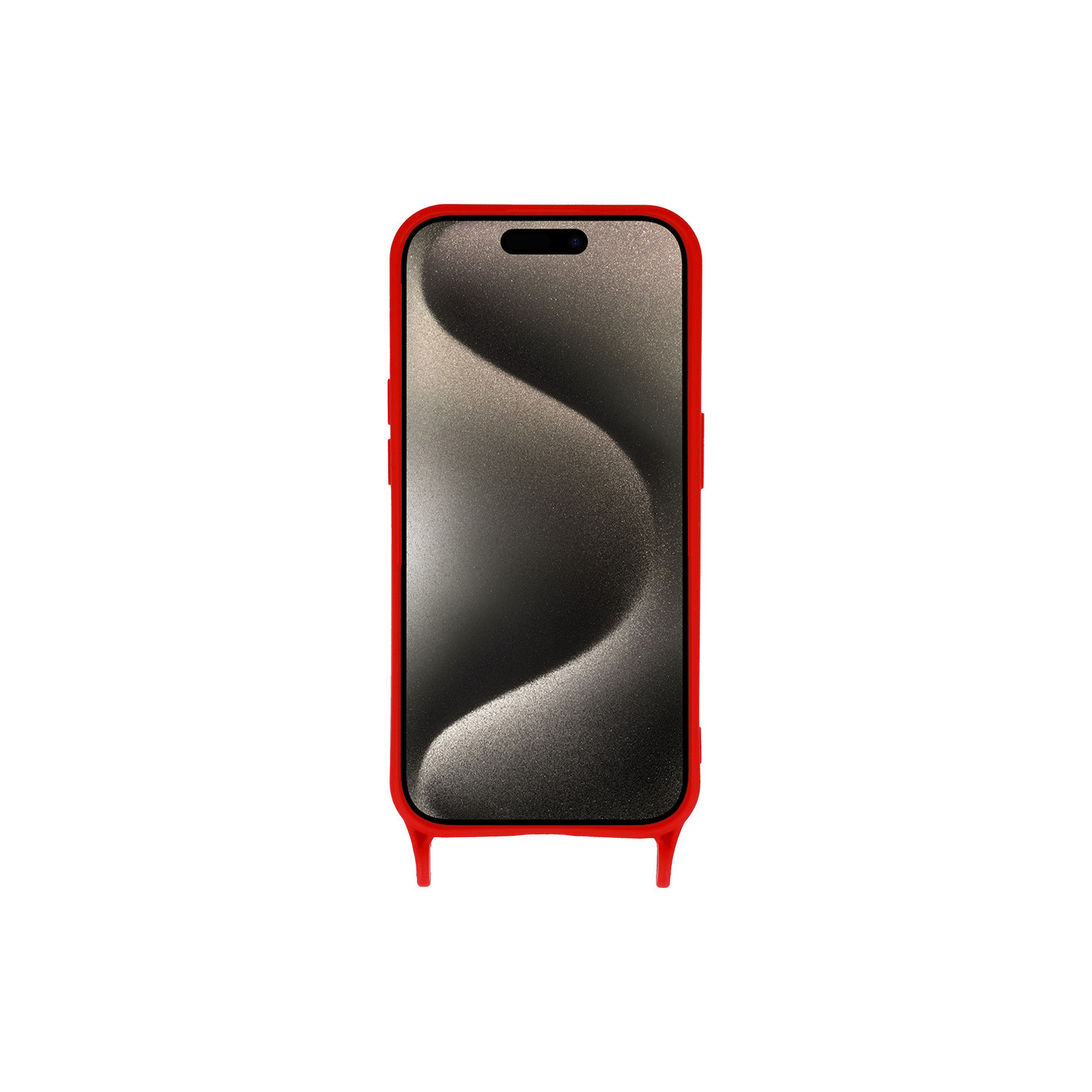 Custodia rossa con telefono che mostra un disegno ondulato sullo schermo.
