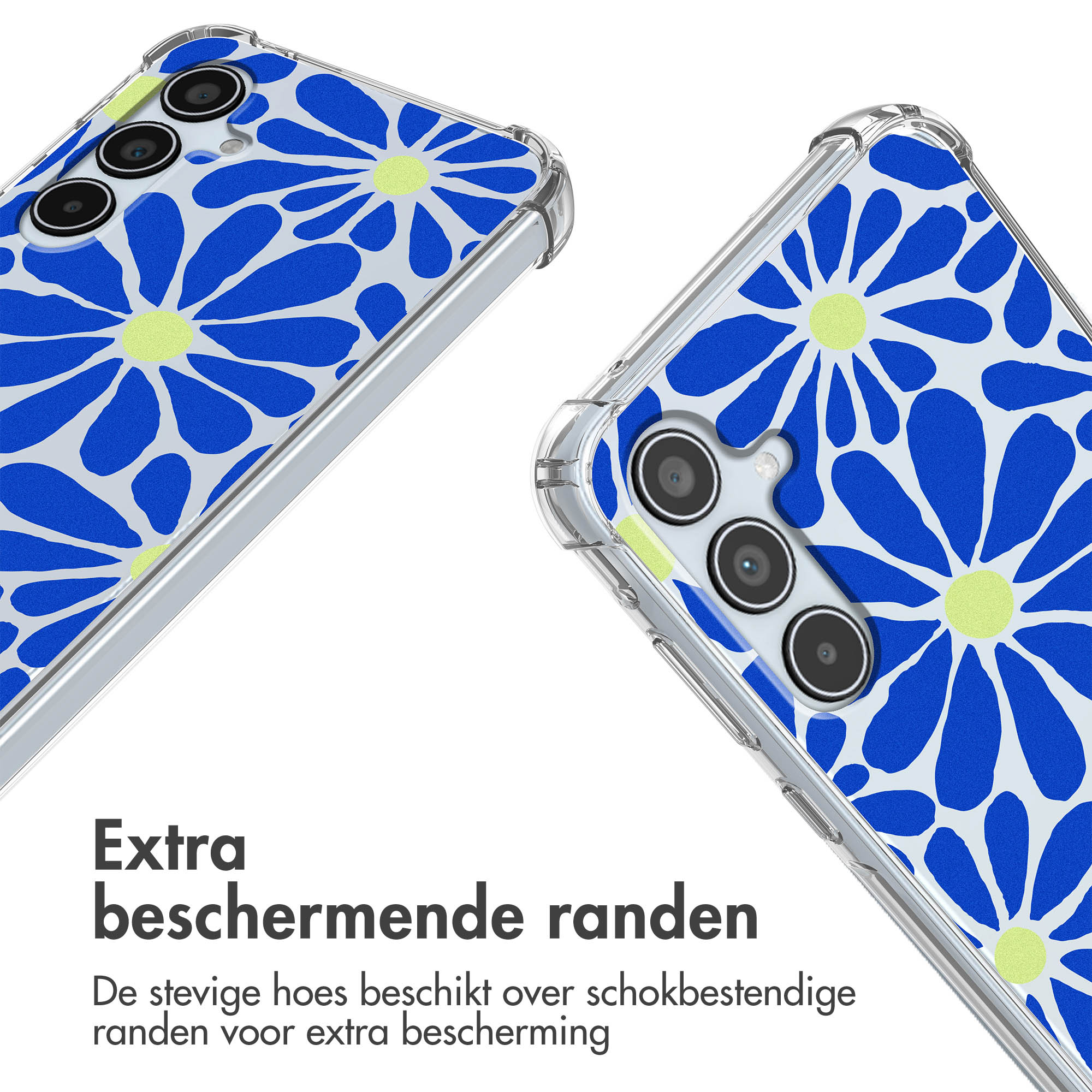Coque de téléphone transparente à motif floral bleu et jaune.