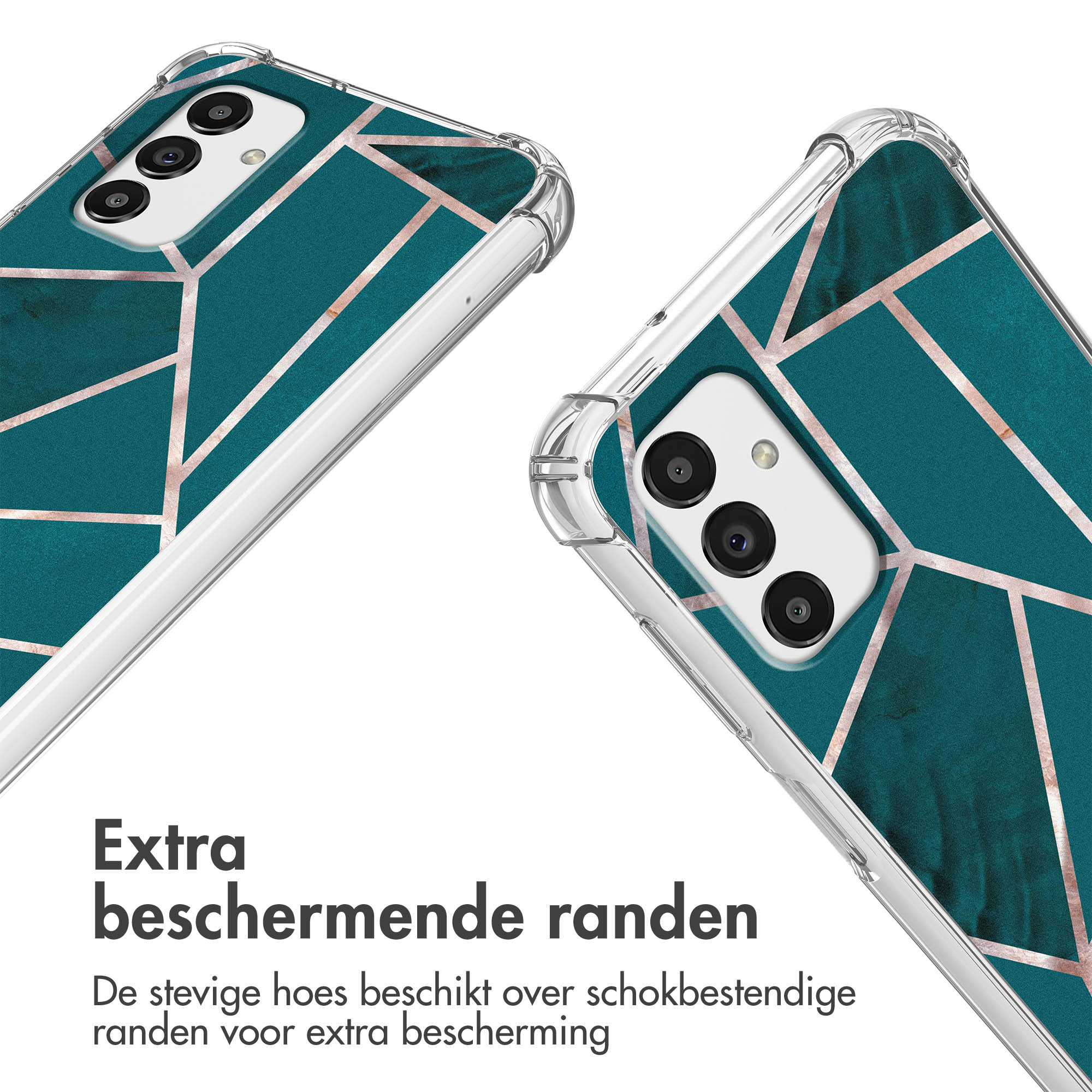Deux coques de téléphone avec un motif géométrique turquoise et or rose.
