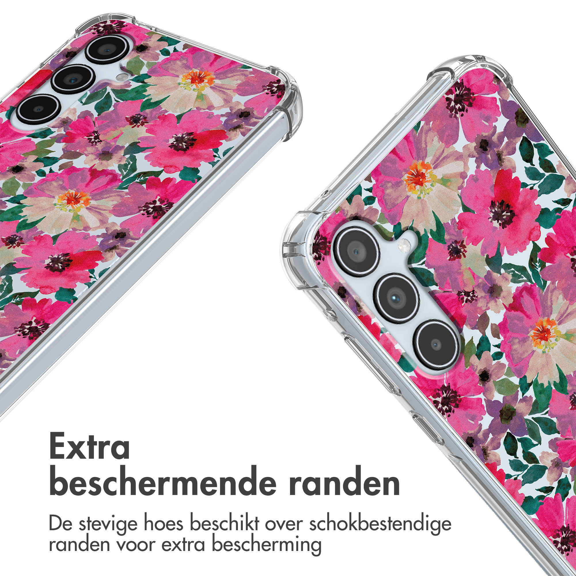 Deux coques de téléphone à motifs floraux colorés, une au premier plan.