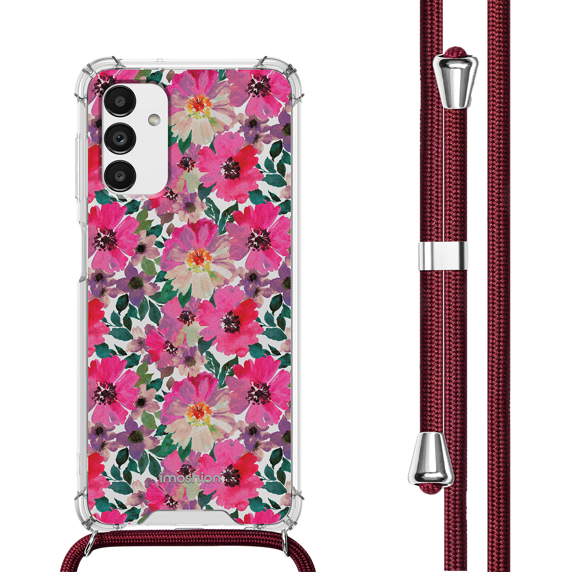 Coque de téléphone avec motif floral rose et lanière rouge. Téléphone visible. Fond blanc.