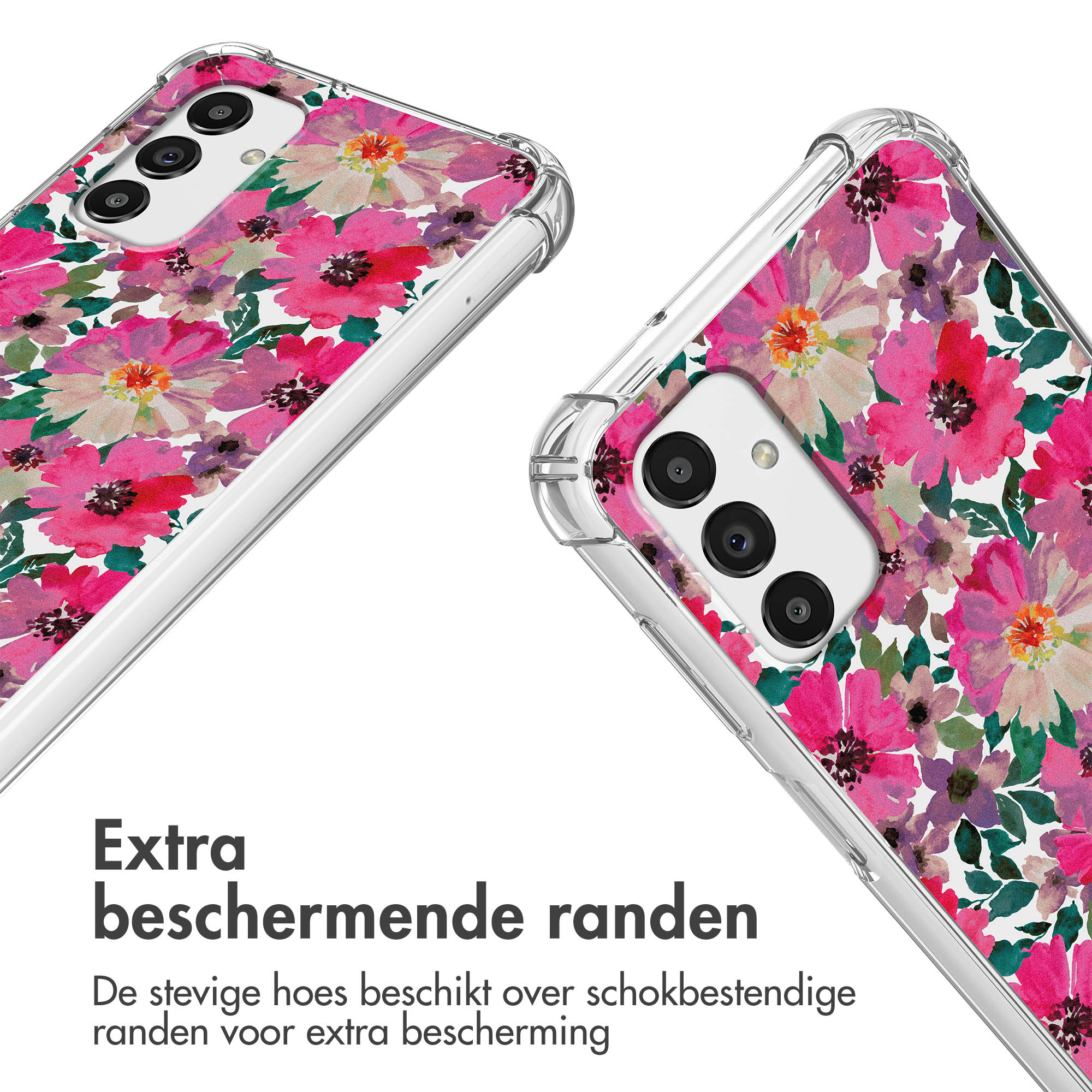Coque de téléphone transparente à motif floral rose et violet. Montre le module caméra.