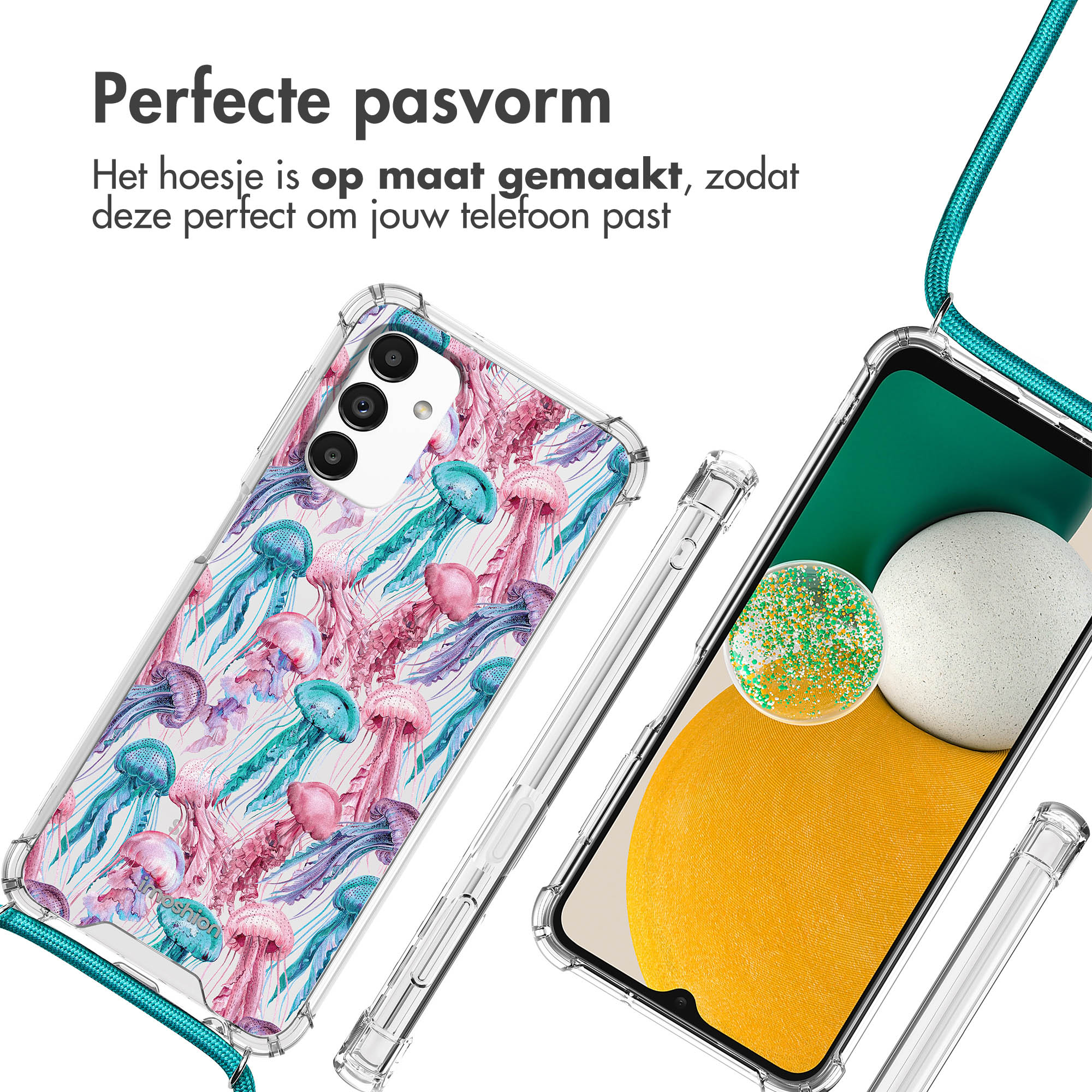 Coque de téléphone transparente avec motif de méduses et cordon turquoise.