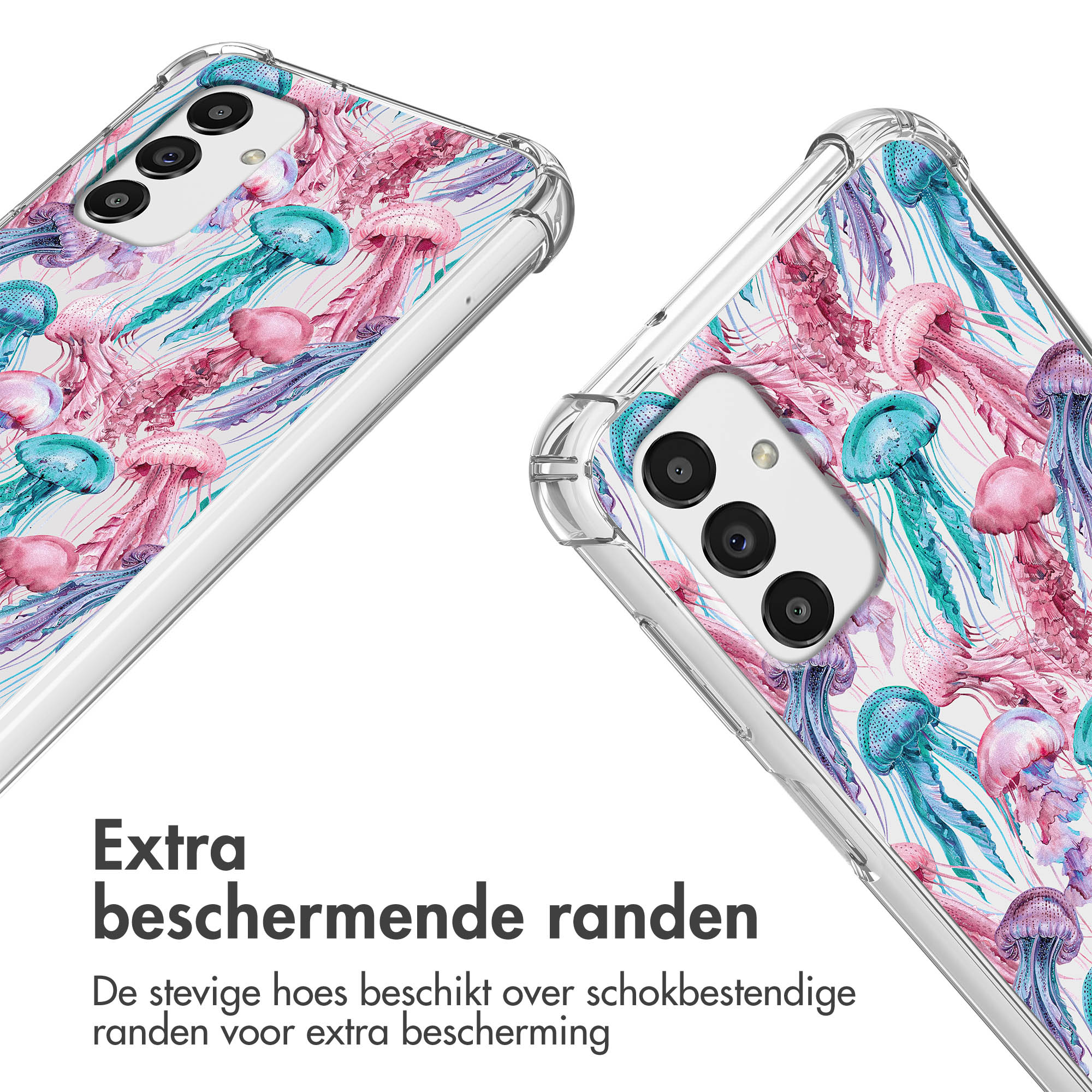 Coque de téléphone transparente avec motif de méduses roses et bleues.