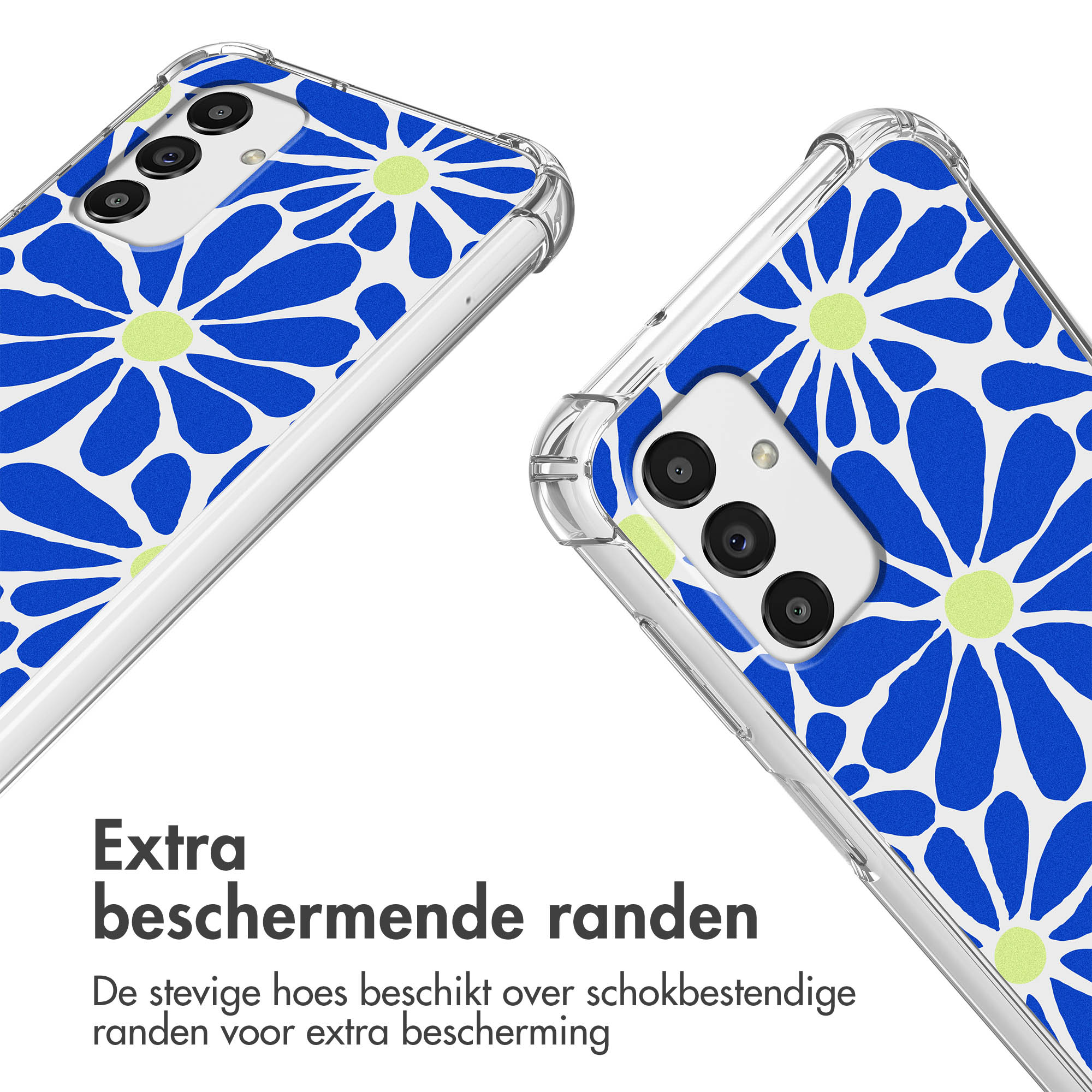 Coque de téléphone transparente à motif floral bleu et découpe caméra.