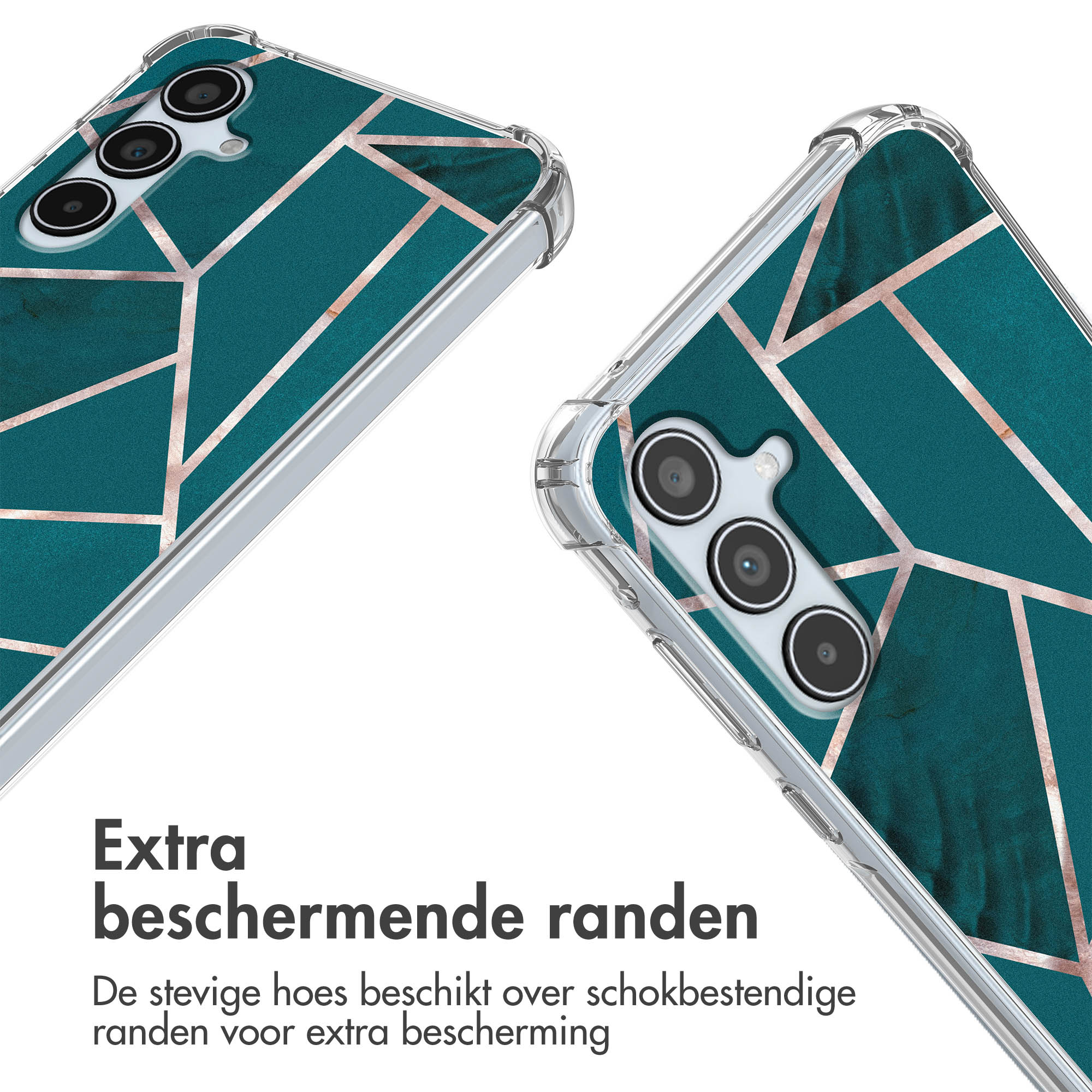 Étui de téléphone à motif géométrique turquoise et or rose.