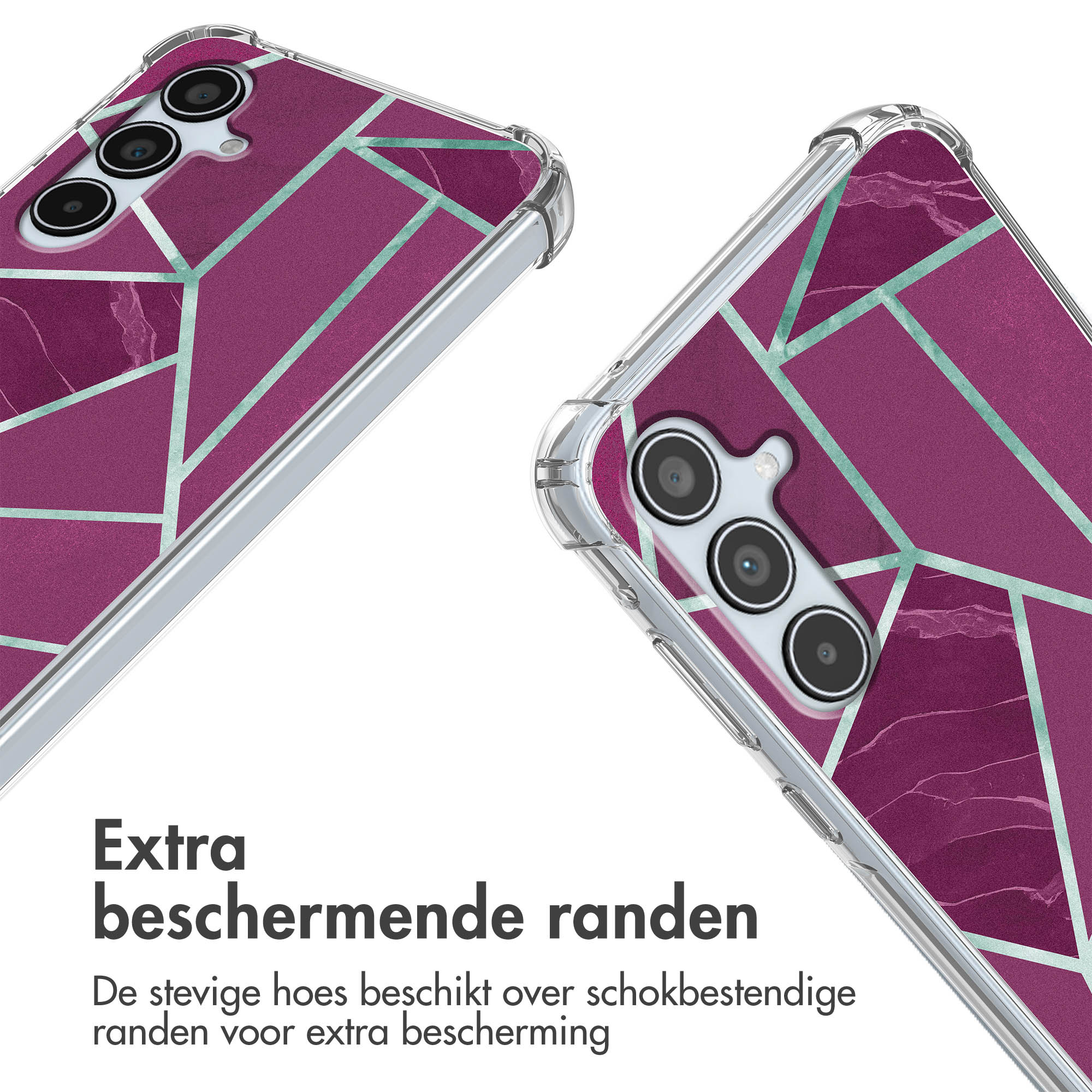 Deux coques de téléphone violettes à motif géométrique et découpe caméra.