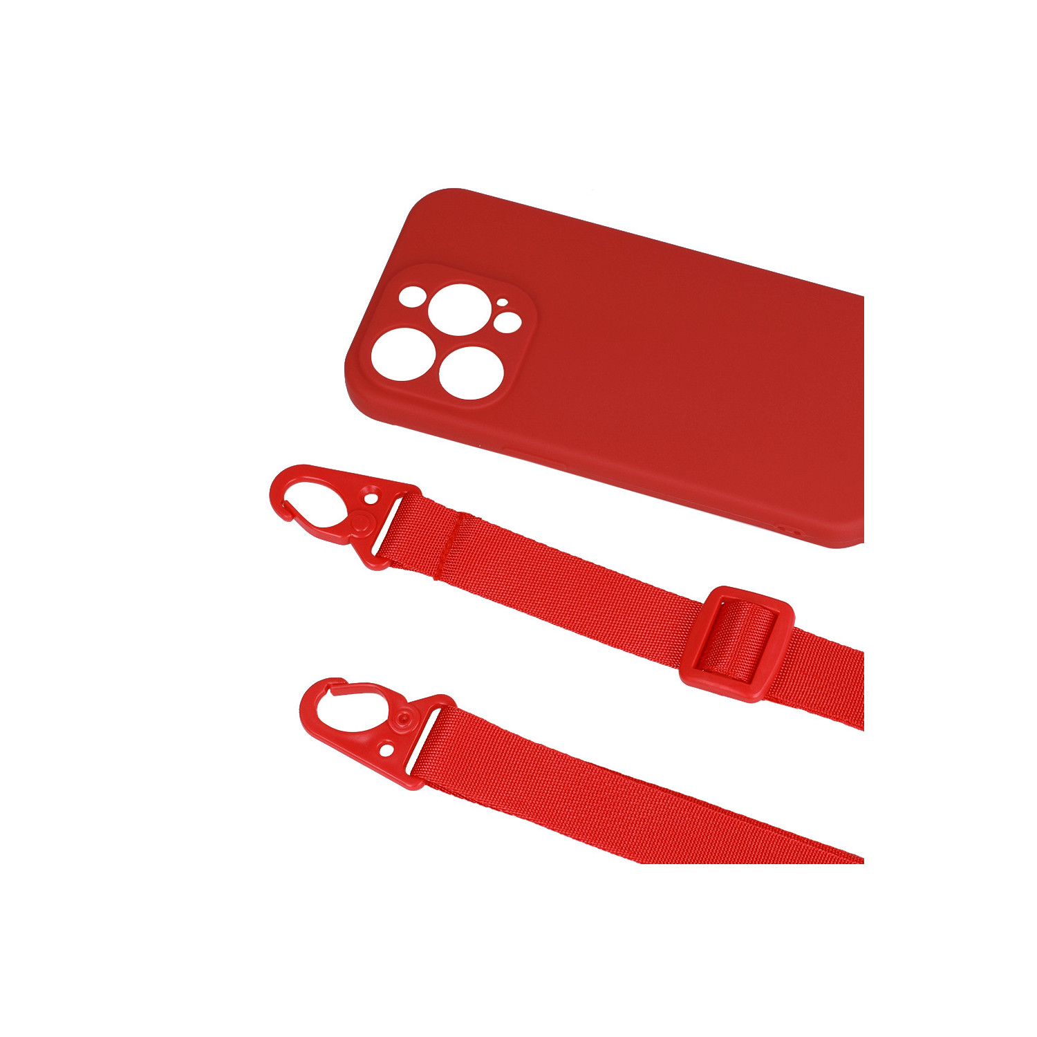 Custodia rossa per telefono con cinturino, cinturino rosso con chiusure.