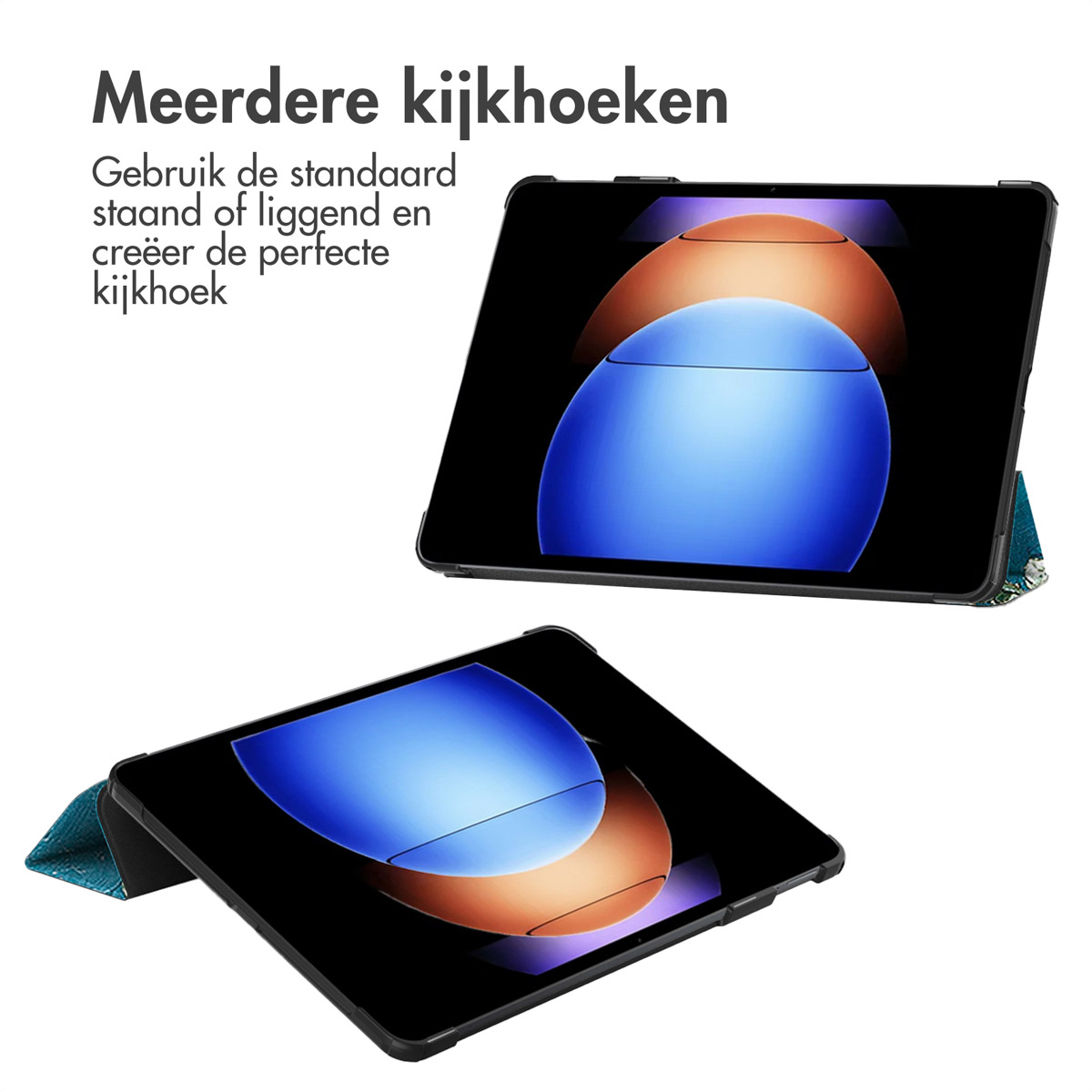 Deux tablettes dans des étuis. Une ouverte, une fermée. Texte en néerlandais, multiples angles de vue.