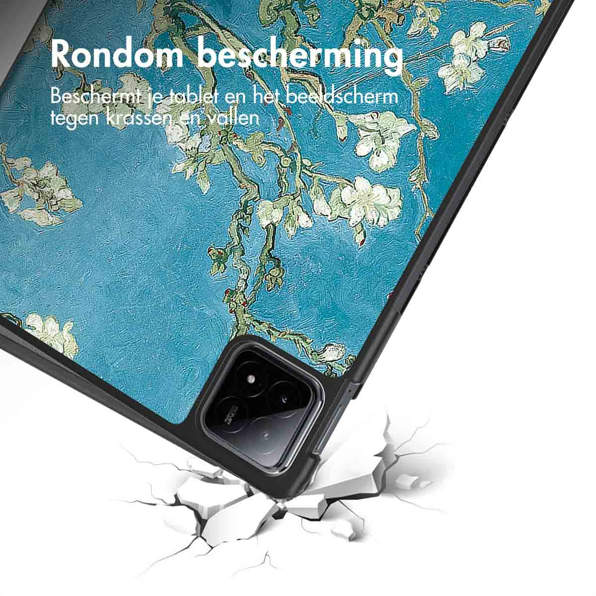 Coque de tablette avec design de peinture, surface cassée dessous, blanc.