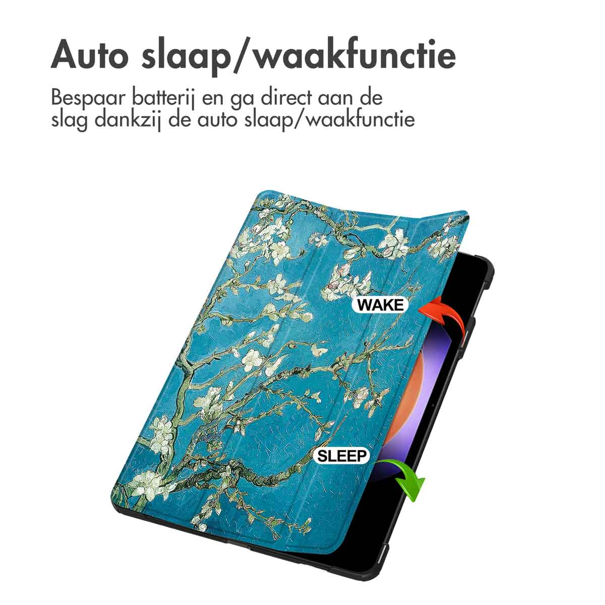Un étui de tablette avec un motif floral artistique, ouvert pour révéler la tablette, avec des étiquettes WAKE/SLEEP.