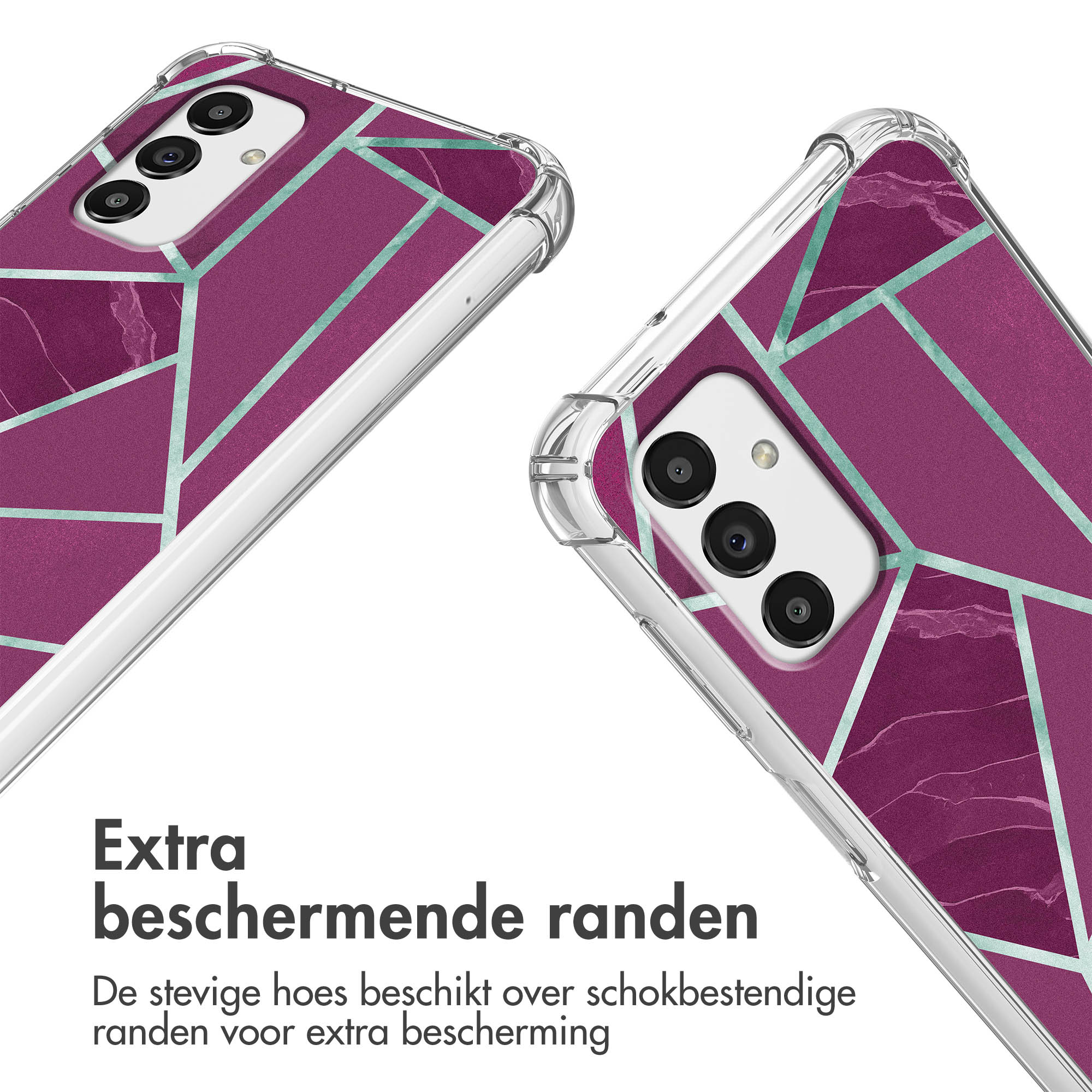 Coque de téléphone violette à motif géométrique marbré et bords clairs.