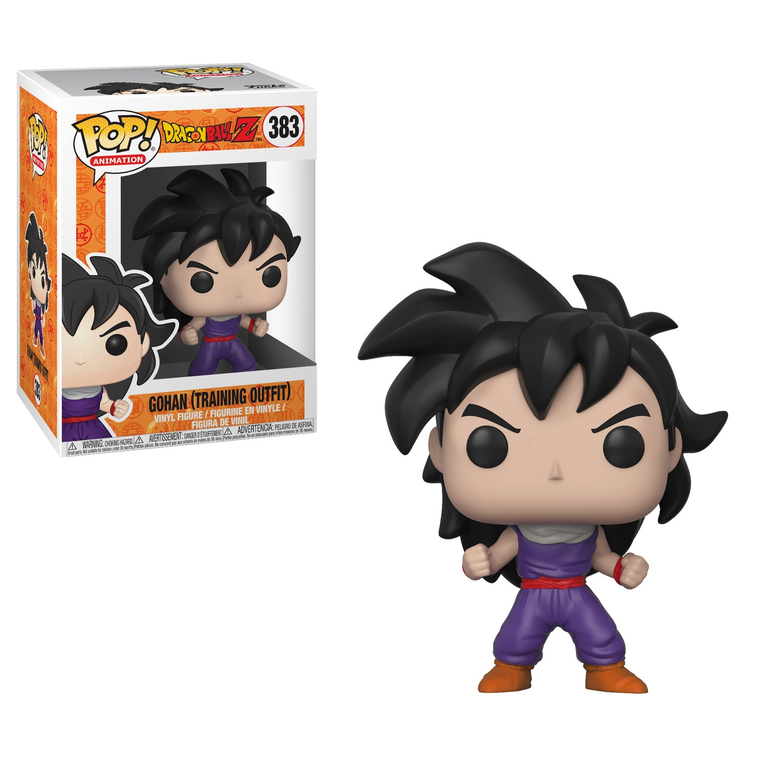 Gohan (Trainings-Outfit) Funko Pop Figur und Box auf weißem Hintergrund.