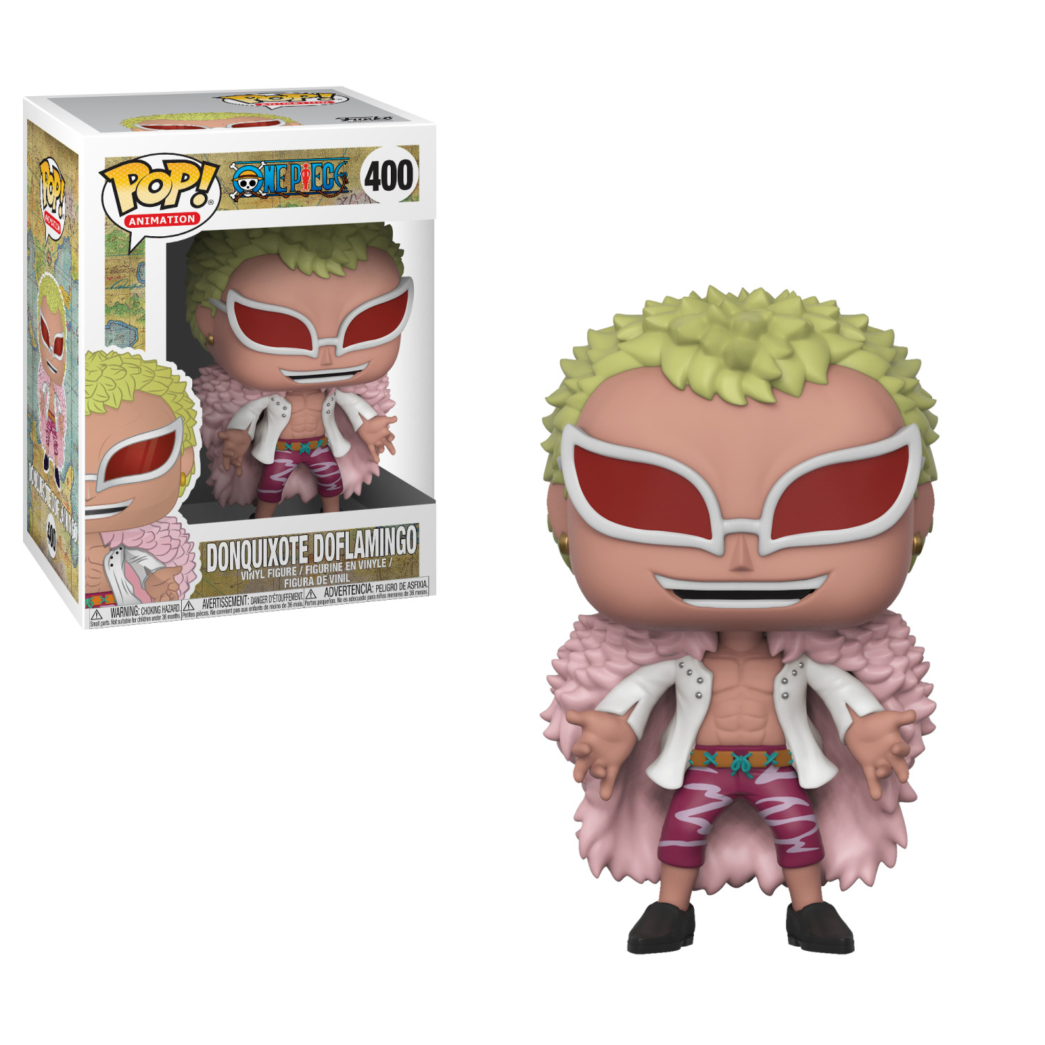Figura Pop di Donquixote Doflamingo, con la scatola, su sfondo bianco.