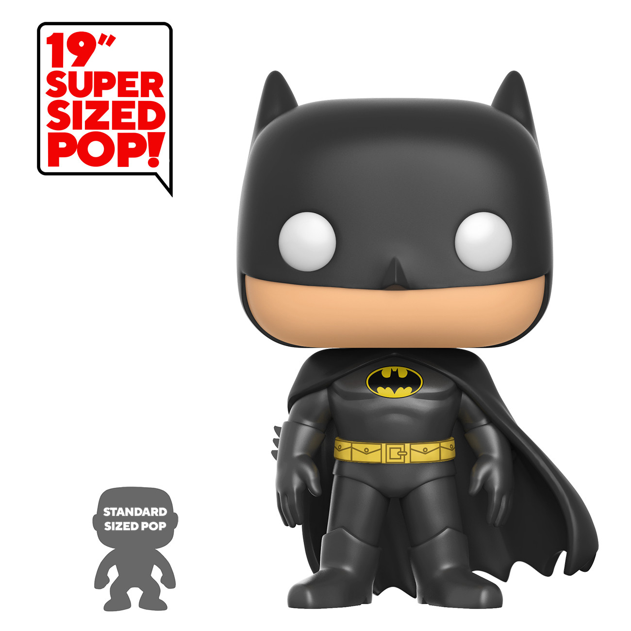 Figura de Batman. Traje negro, cinturón amarillo y símbolo de murciélago. Bocadillo: '19" SUPER SIZED POP!'.