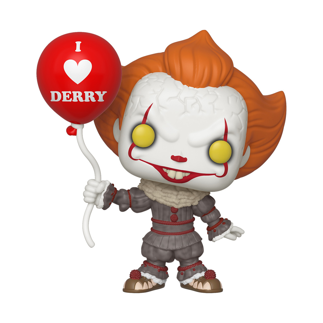 Figurina di Pennywise che tiene un palloncino rosso con scritto 'I LOVE DERRY'.