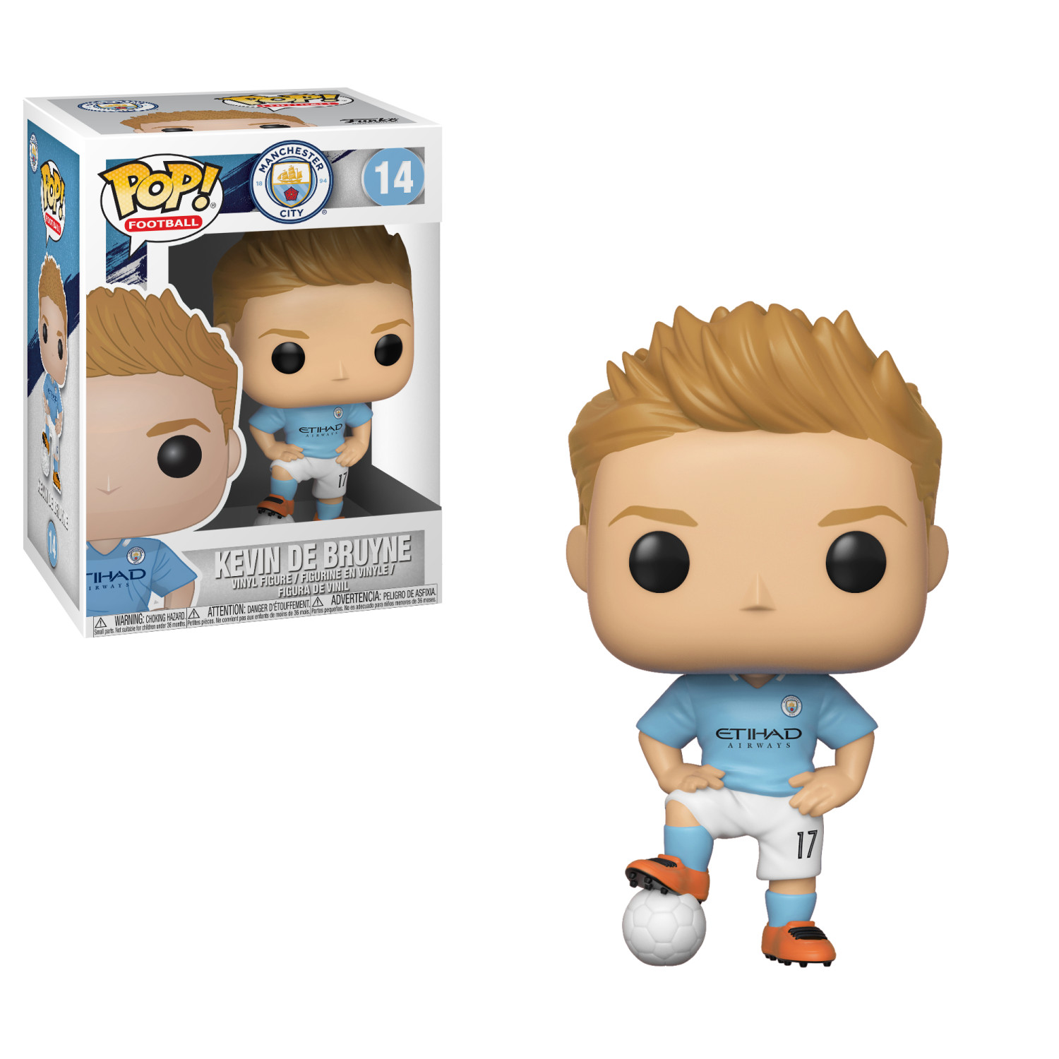 Figurka Funko Pop Kevina De Bruyne, piłkarza, z pudełkiem po lewej stronie.