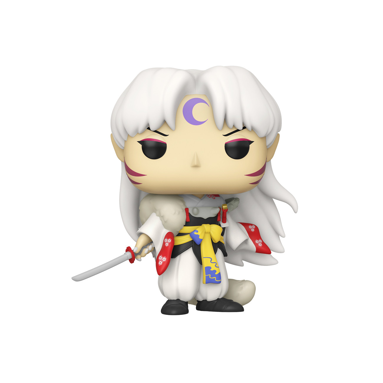 Figurka Funko Pop Sesshomaru z białymi włosami, fioletowym księżycem i kataną na białym tle.