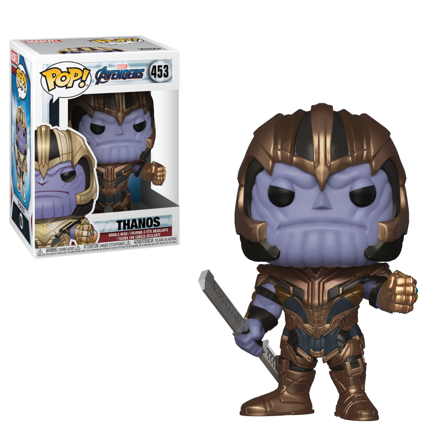Figura Thanos Funko Pop con scatola. Thanos è viola, armatura d'oro e una spada.