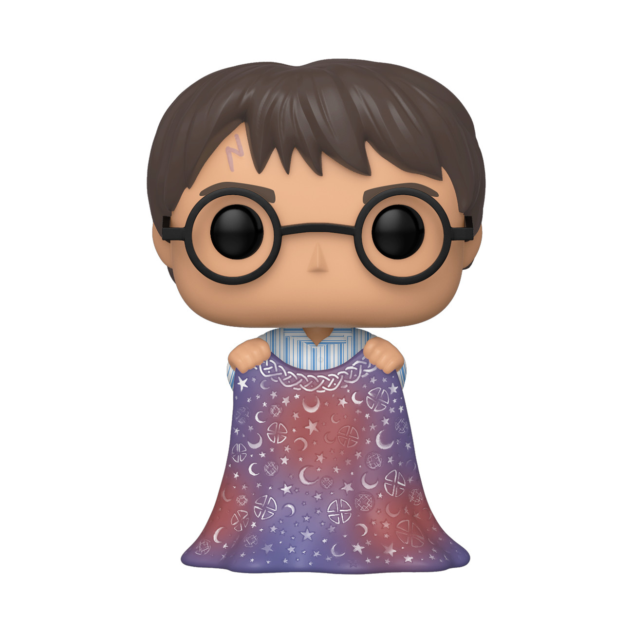 Eine Harry Potter Funko Pop Figur, die einen Umhang mit Stern- und Mondmustern hält.