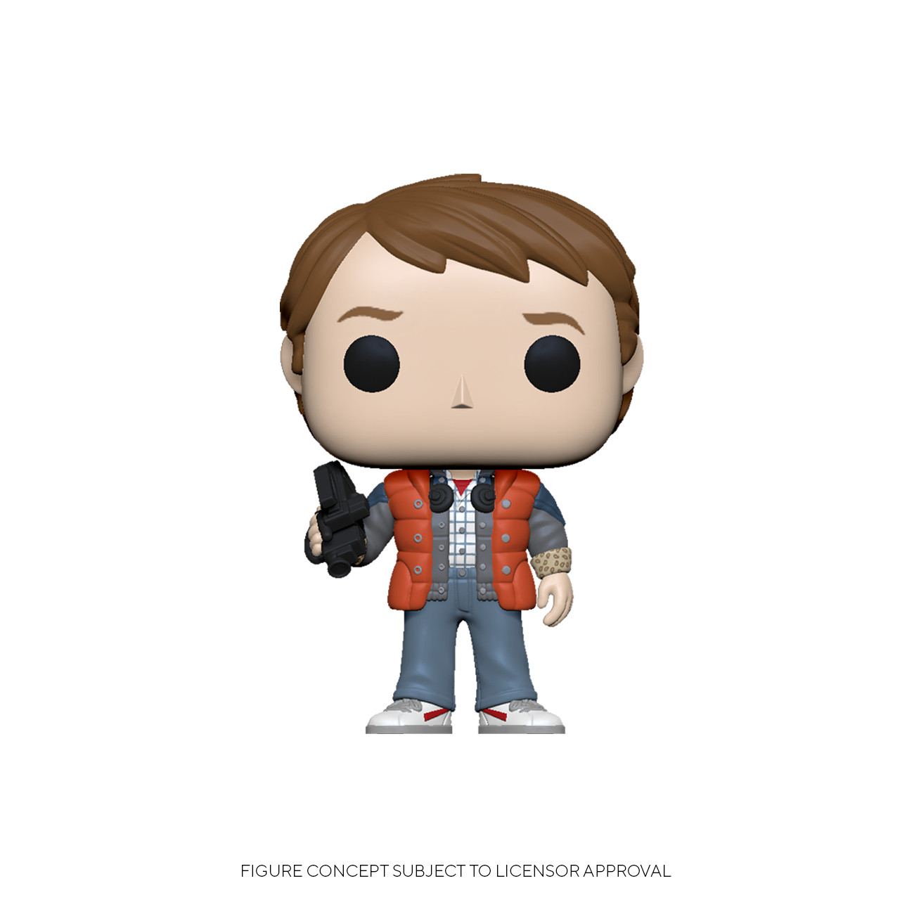 Figura Funko Pop de Marty McFly con una pistola, con chaleco naranja y jeans.