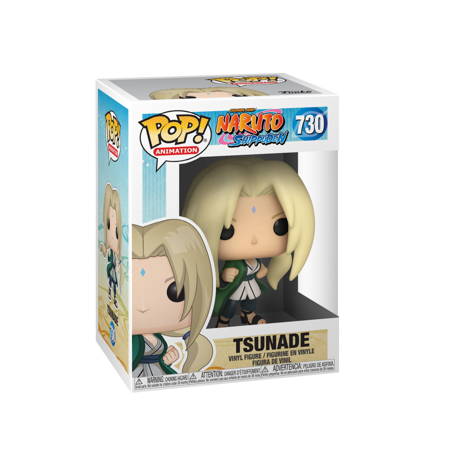Personaggio di Tsunade di Naruto Shippuden in una scatola. Il personaggio ha capelli biondi e vestiti verdi.