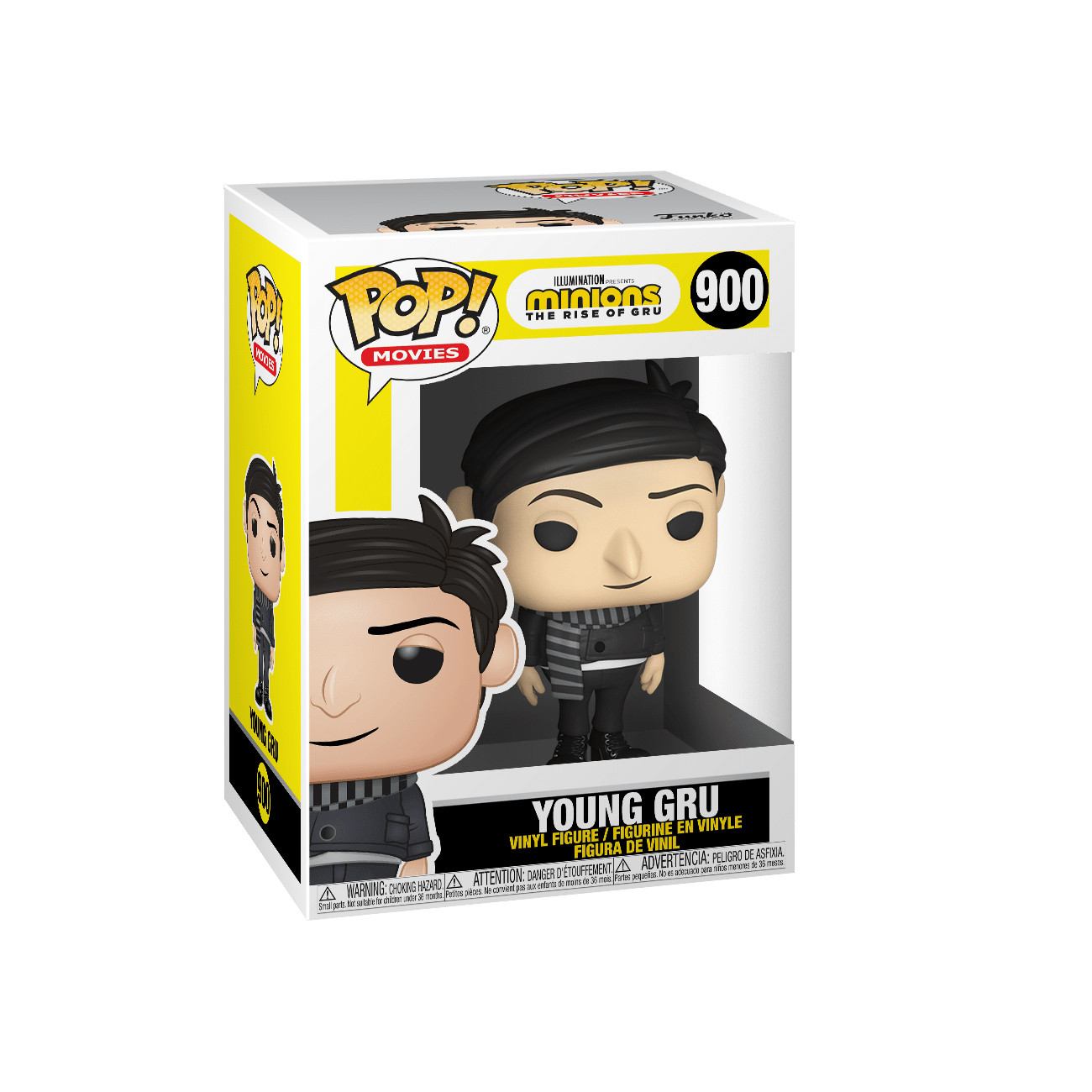 Funko Pop! Young Gru Figur in Box, mit Gru in schwarzem und grauem Outfit.