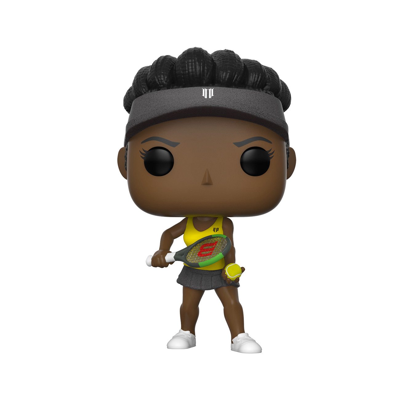 Funko Pop of a tennis player, holding a racket and a tennis ball. The figure is on a white background.