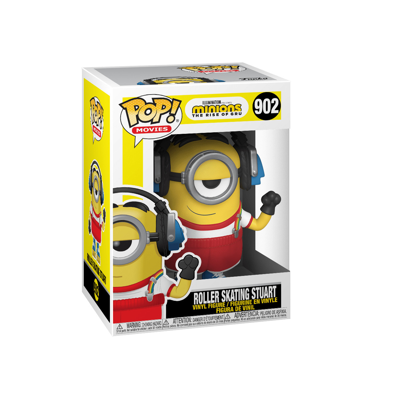 Minion-Spielzeug in einer Box. Er hat Kopfhörer und fährt Rollschuh. Text auf der Box: Roller Skating Stuart.