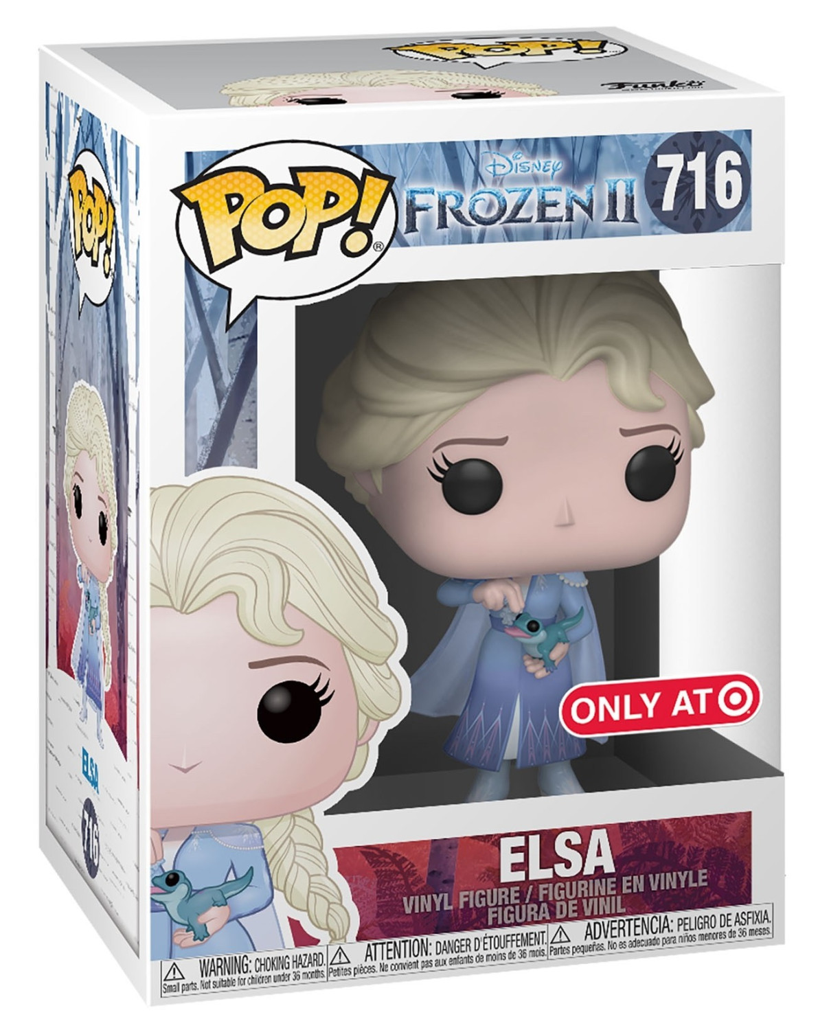 Funko Pop Frozen II Elsa Figur in einer Box. Elsa hält ein kleines blaues Wesen.