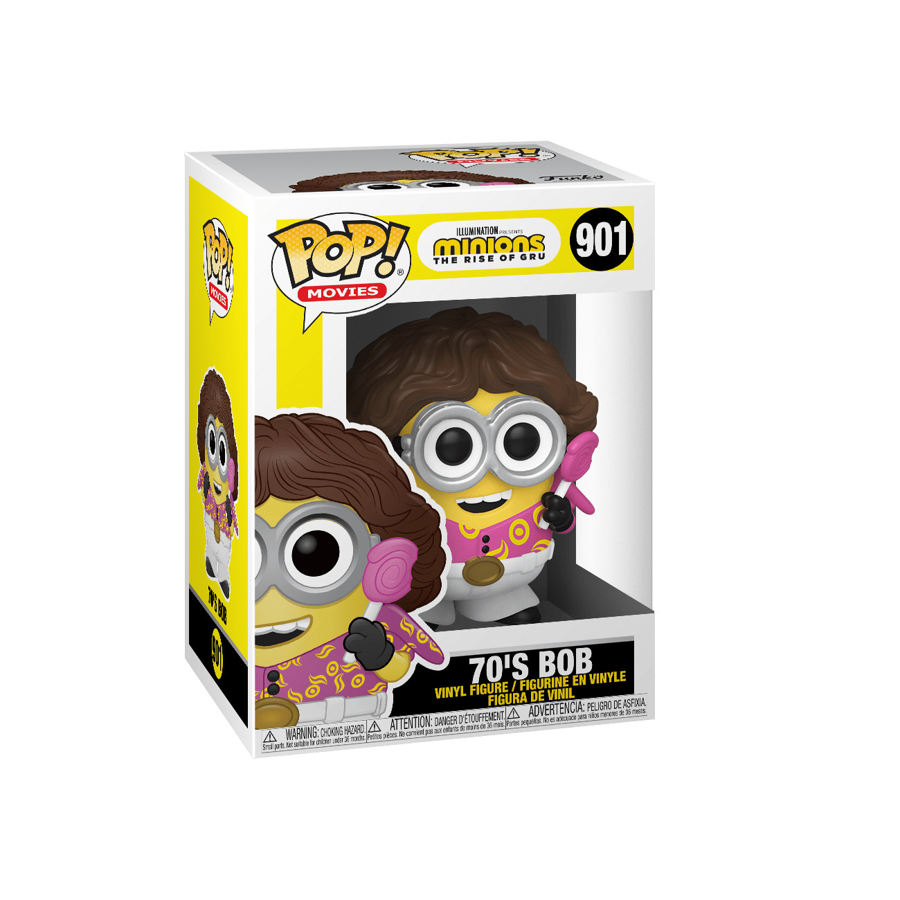 Minion-Figur in einer Box. 70er Bob mit braunen Haaren, rosa Hemd und Lutscher.