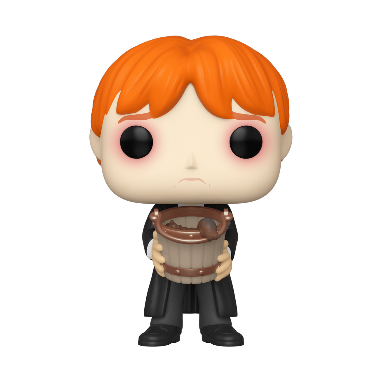 Figurka Funko Pop Rona Weasleya trzymająca brązowe wiadro.