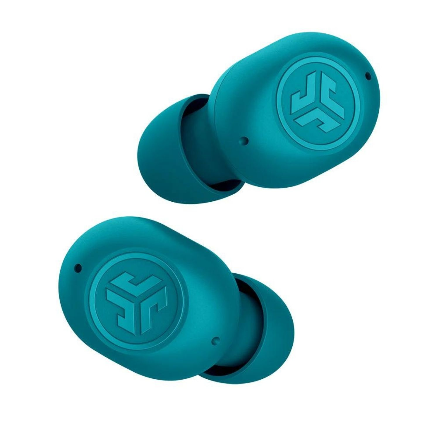 Dos auriculares verde azulado. Están sobre un fondo blanco.