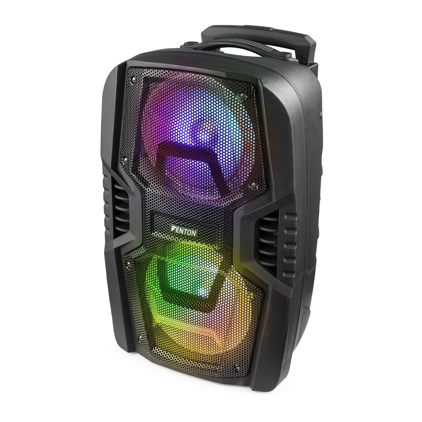 Zwarte speaker met kleurrijke lichten. Fenton logo zichtbaar. Bediening en handvat aanwezig.