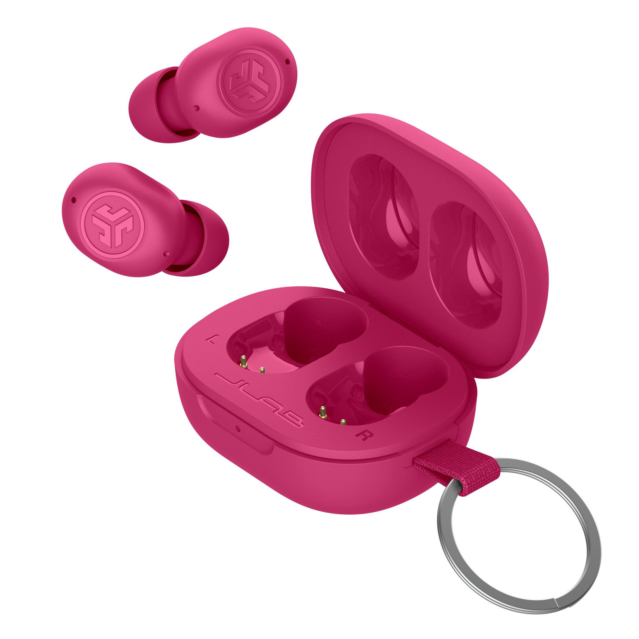Auricolari wireless rosa e custodia di ricarica, isolati su sfondo bianco.
