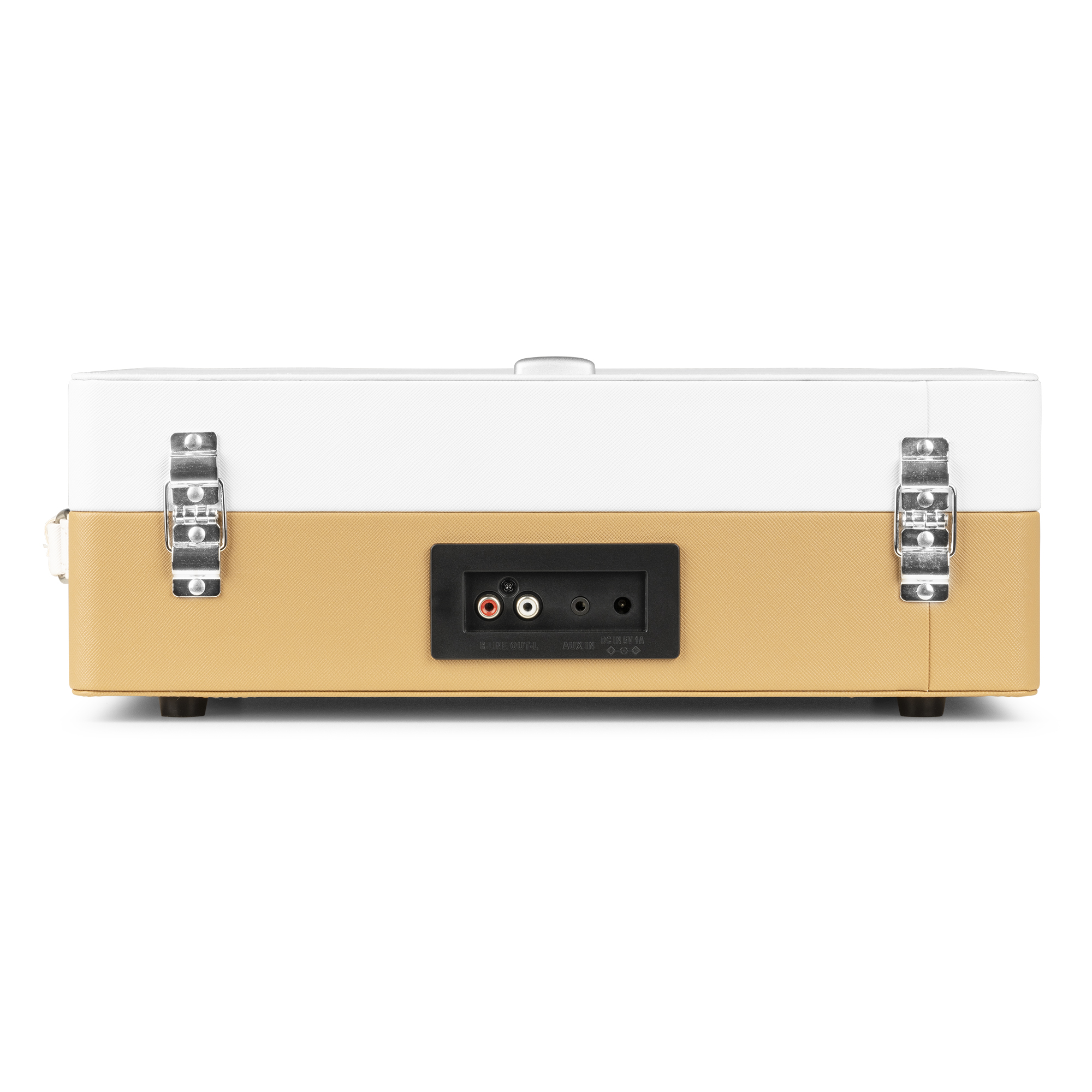 Parte trasera de una radio retro blanca y beige. Cuenta con puertos de entrada y cierres metálicos.