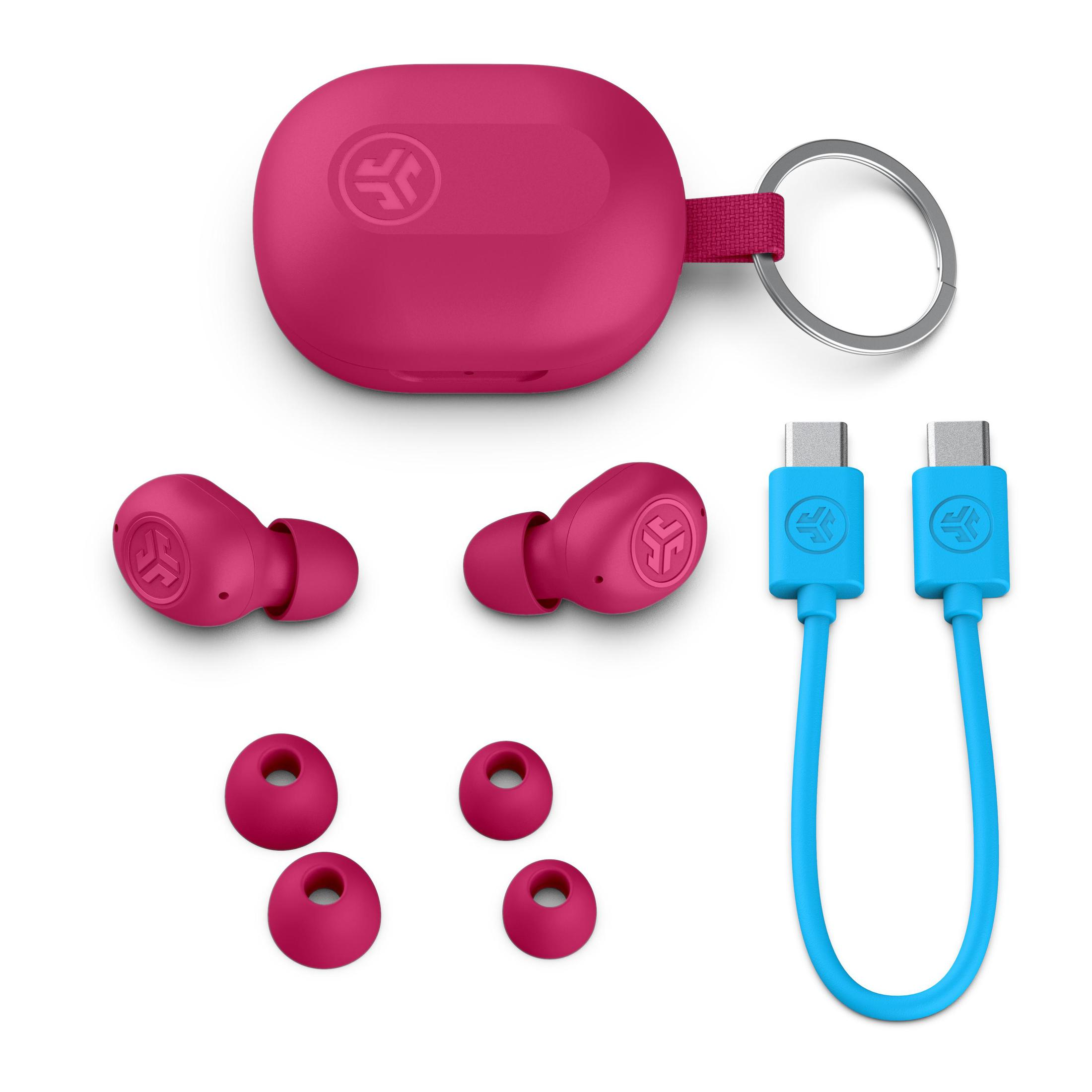 Auricolari rosa, custodia di ricarica e cavi di ricarica. Auricolari inclusi. Logo JLab presente.