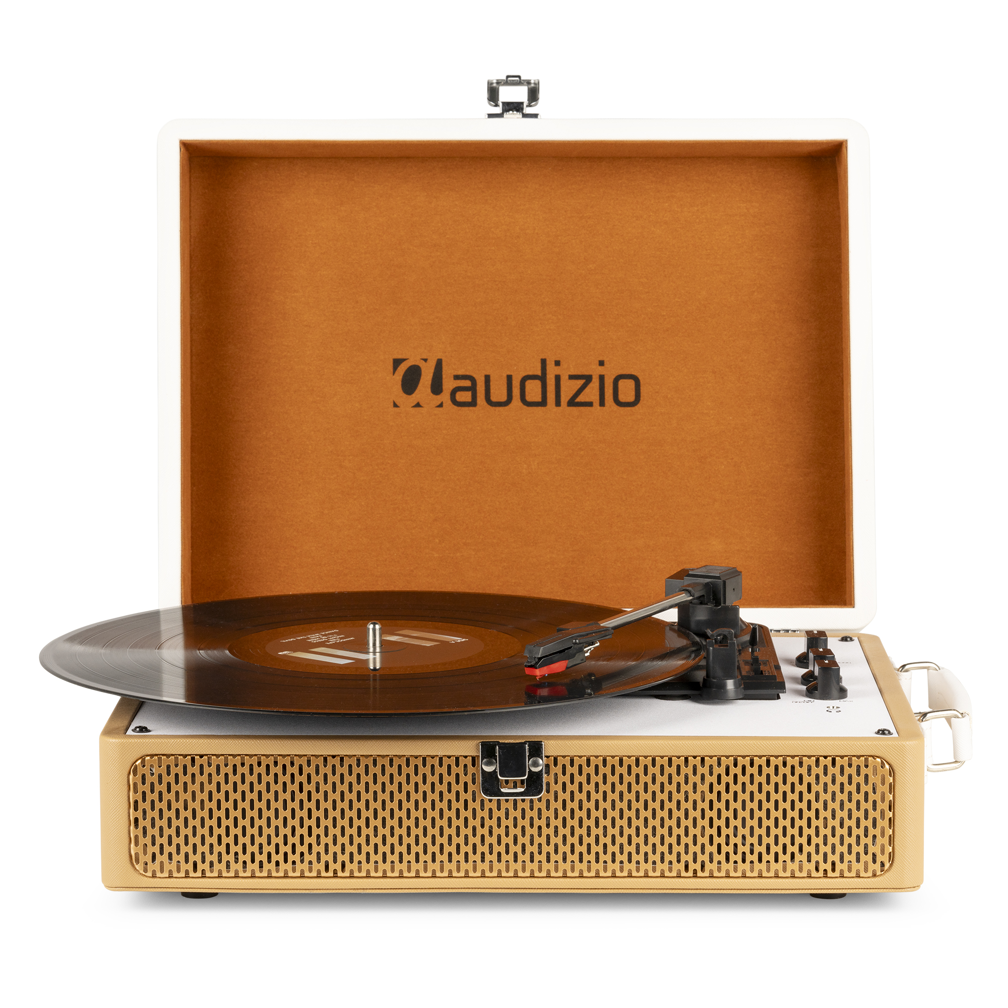 Un tocadiscos de estilo vintage con la tapa abierta. Tiene un altavoz y una aguja sobre un disco.