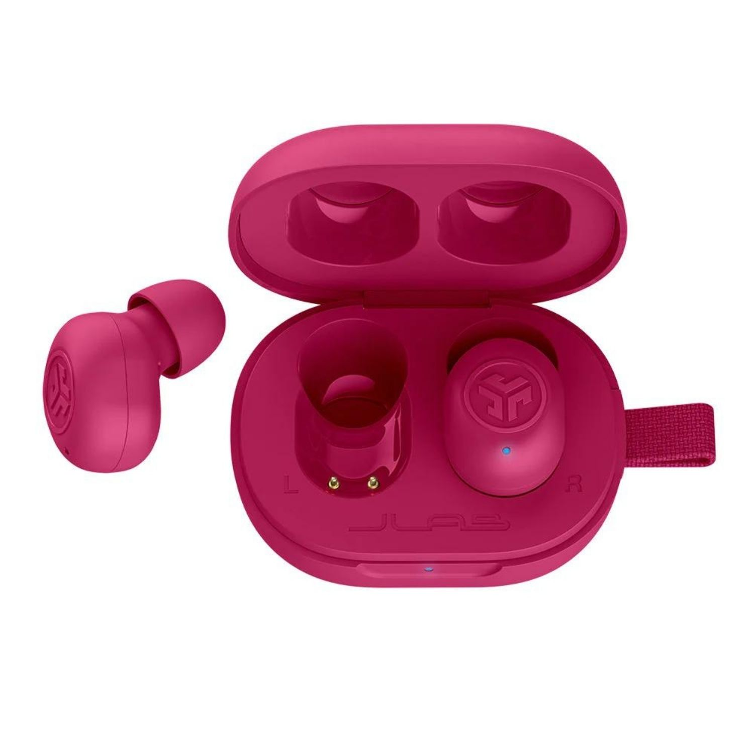 Auricolari wireless rosa e custodia di ricarica. Un auricolare è fuori dalla custodia.
