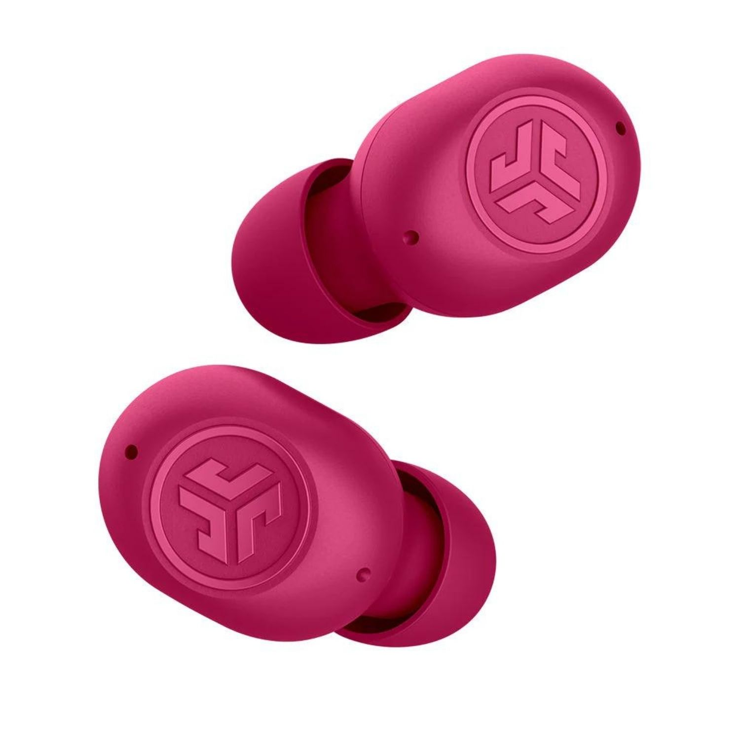 Due auricolari rosa con il logo del marchio, isolati su sfondo bianco.