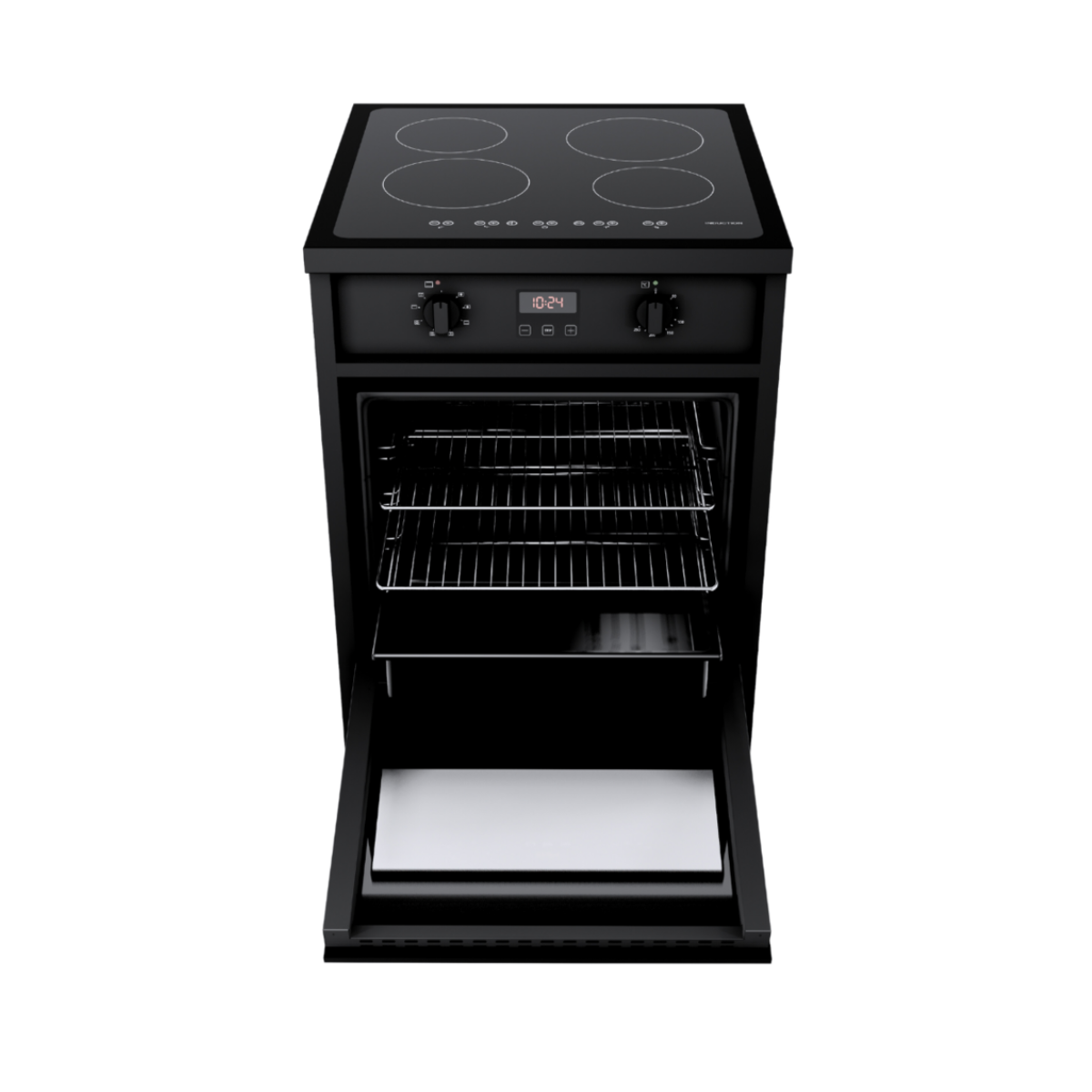 Black oven, open door, with four hob rings, digital display.