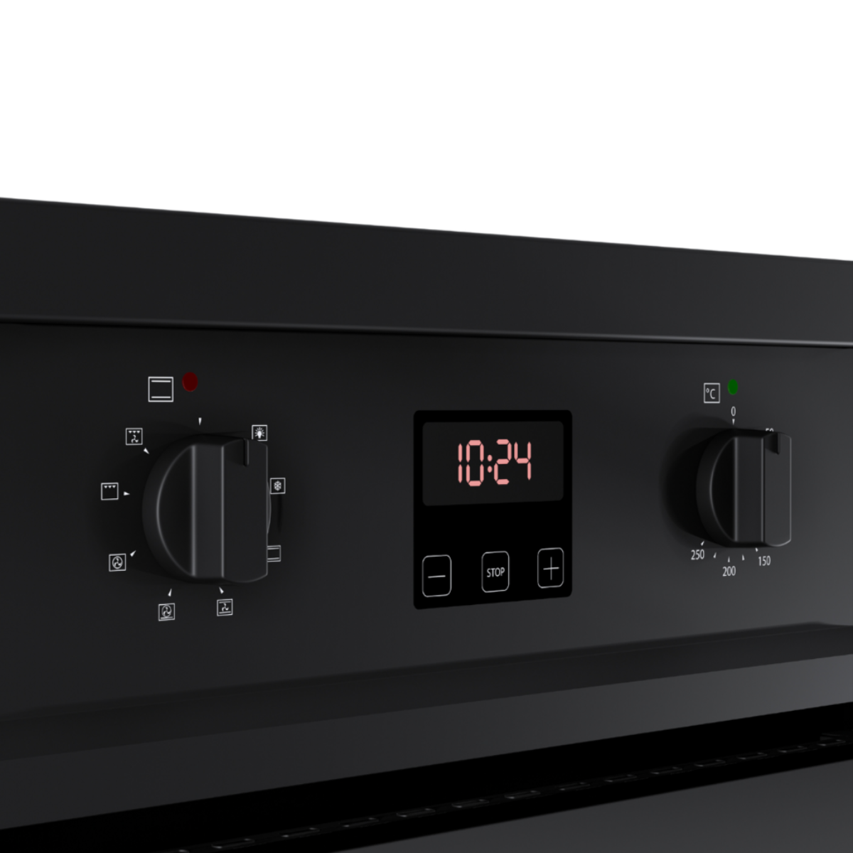 Close-up of a black oven control panel with dials, a clock, and display buttons.