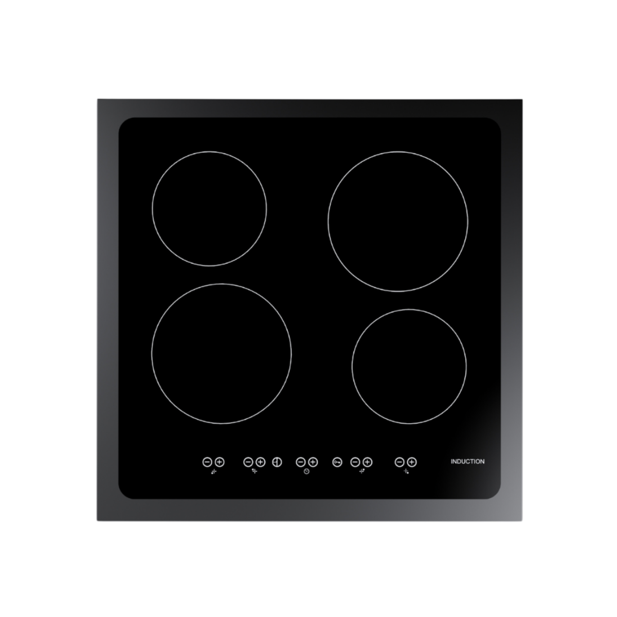 Black induction hob with four circular cooking zones and control buttons. White background.