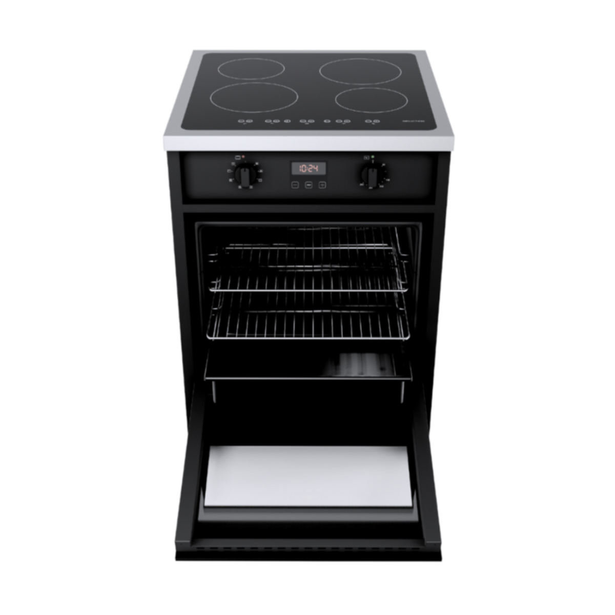 A black oven with four burners. The oven door is open. The oven has a digital display.